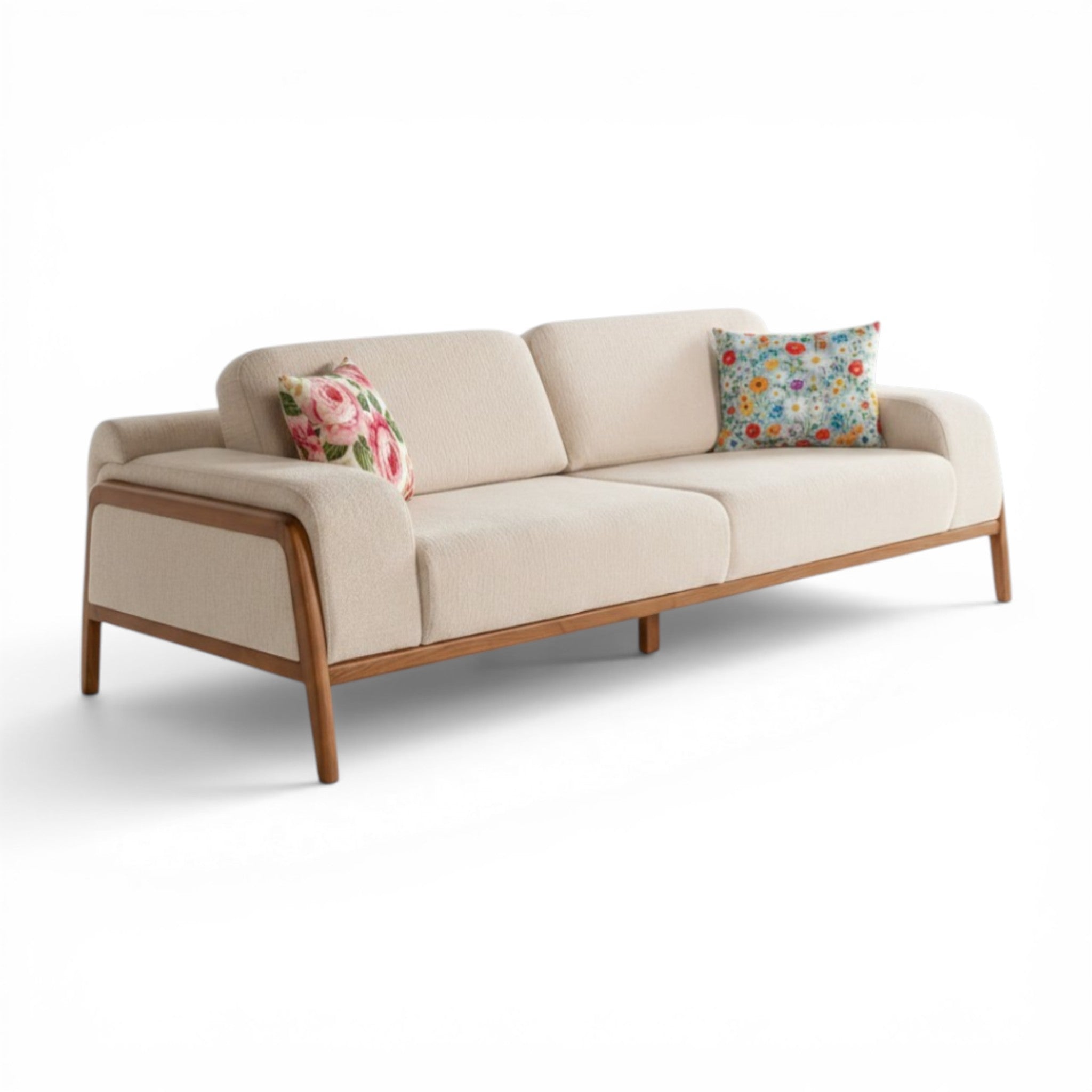 Sage 3-seater sofa with solid teakwood frame and cream boucle upholstery — Woodkraft Studio Hyderabad