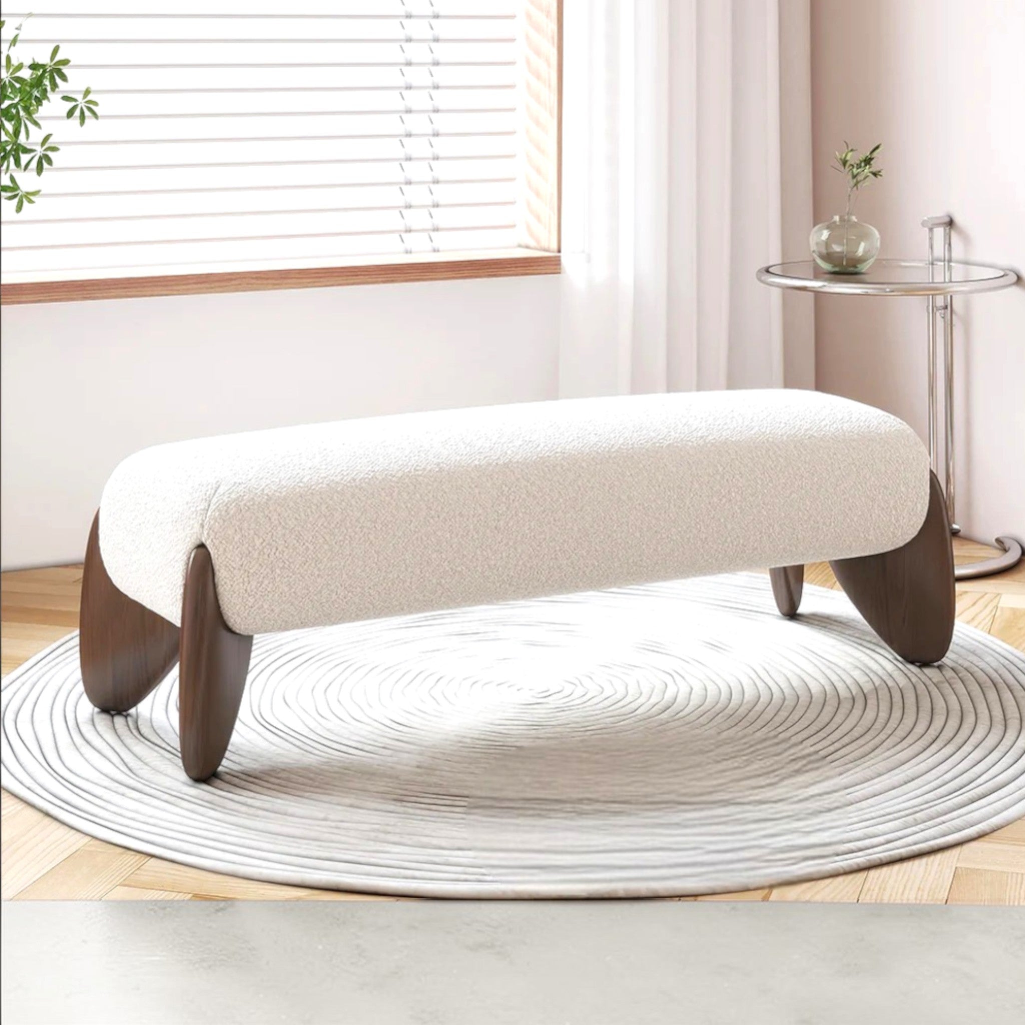 upholstered beige colour bench with teakwood legs