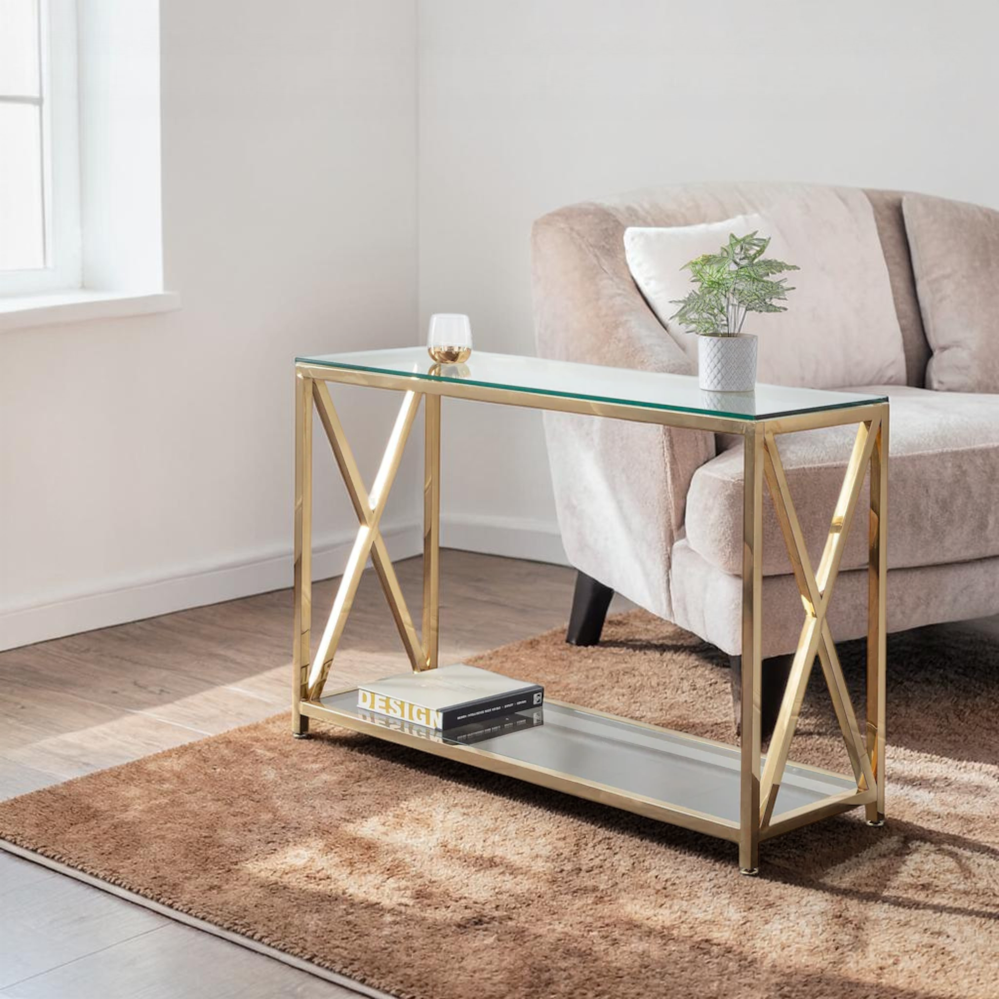 Steel and teakwood console tables with wood glass and tile tops — Woodkraft Studio Hyderabad
