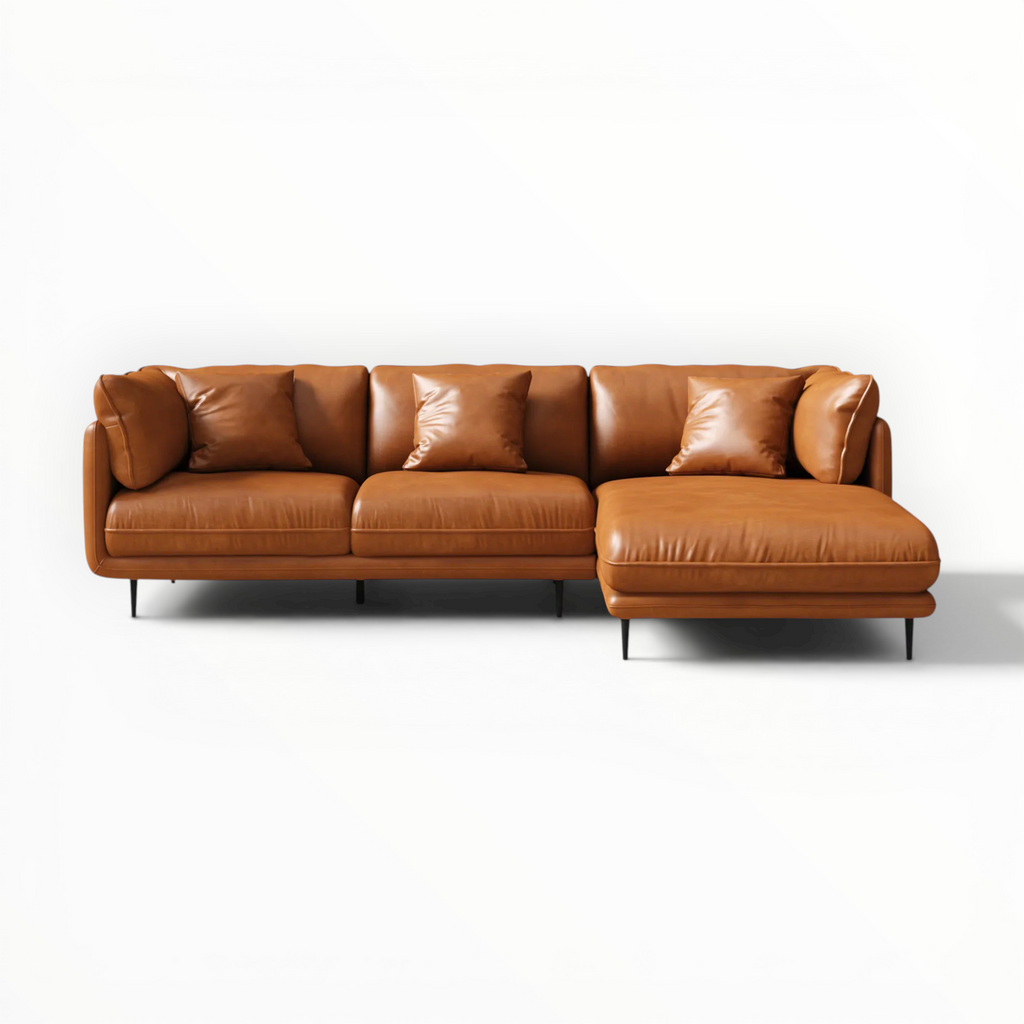 Brown leather sectional sofa on a white background
