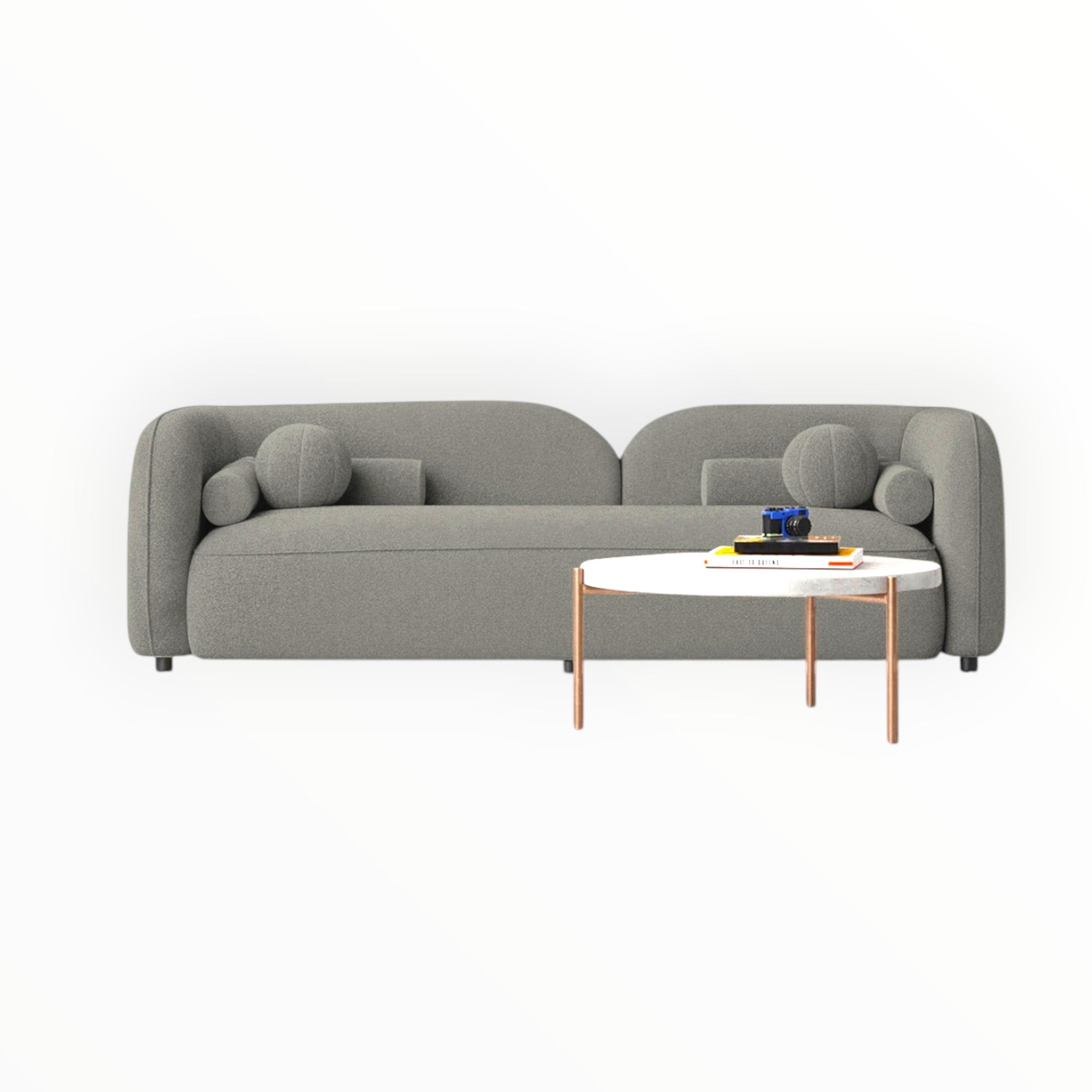 Gray sofa with a small round table on a white background