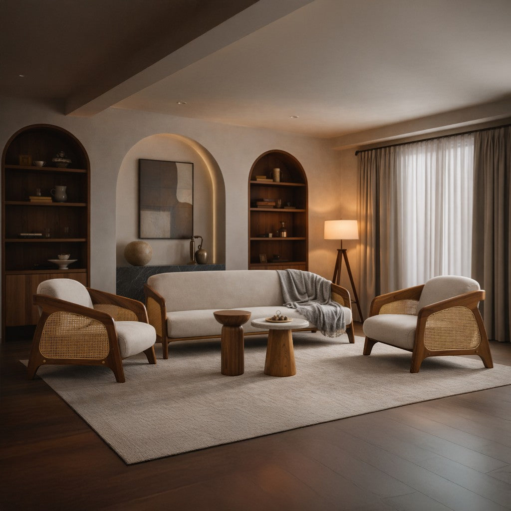 Modern living room with beige sofa, wicker chairs, and wooden coffee tables.