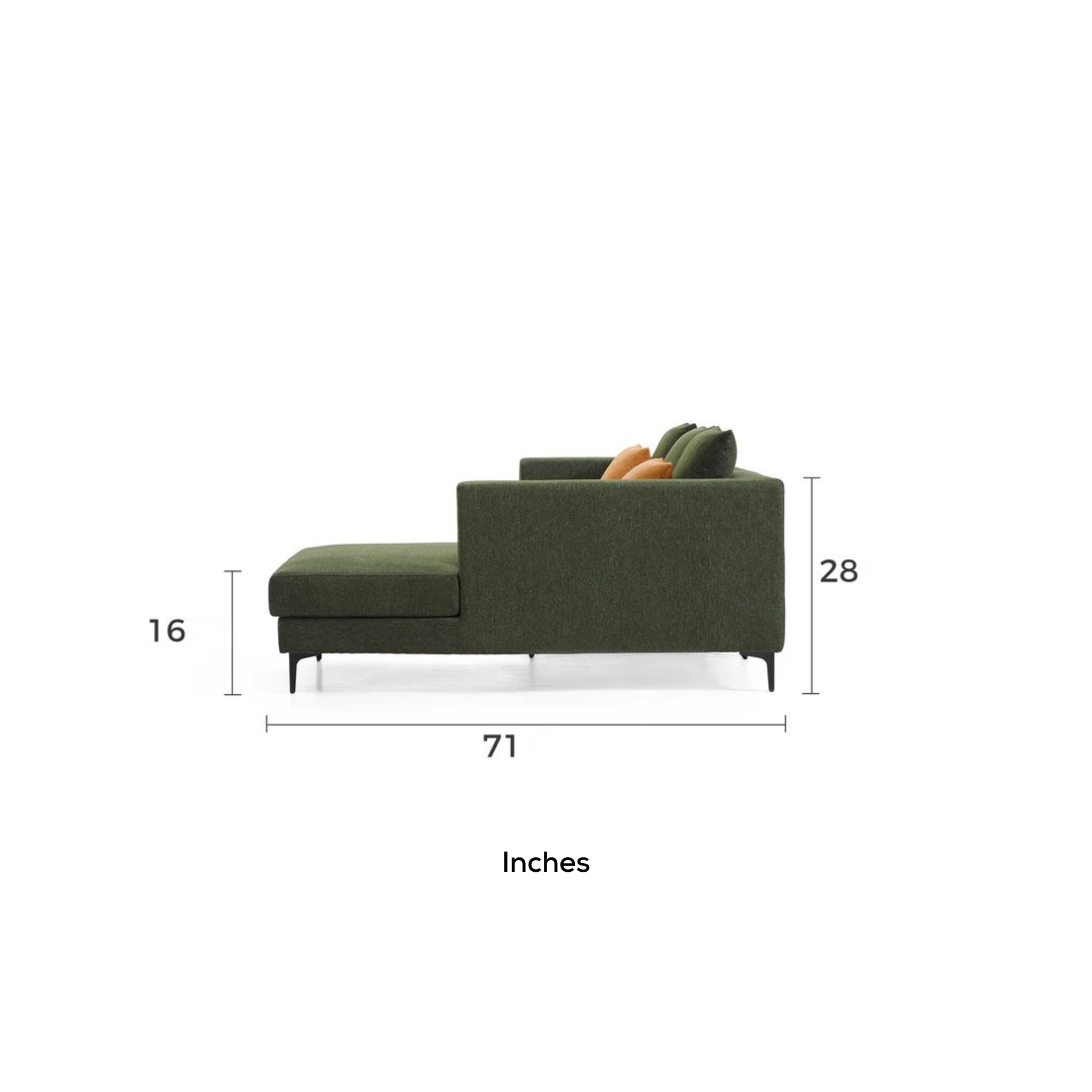 Green sectional sofa with dimensions labeled in inches on a white background