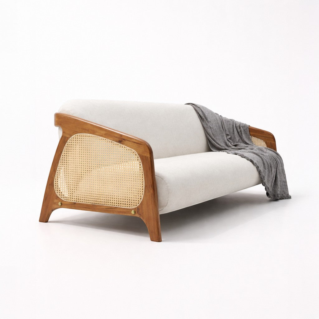 Sofa with wooden frame and wicker backrest on a white background