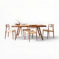 Wooden dining table with four chairs on a white background