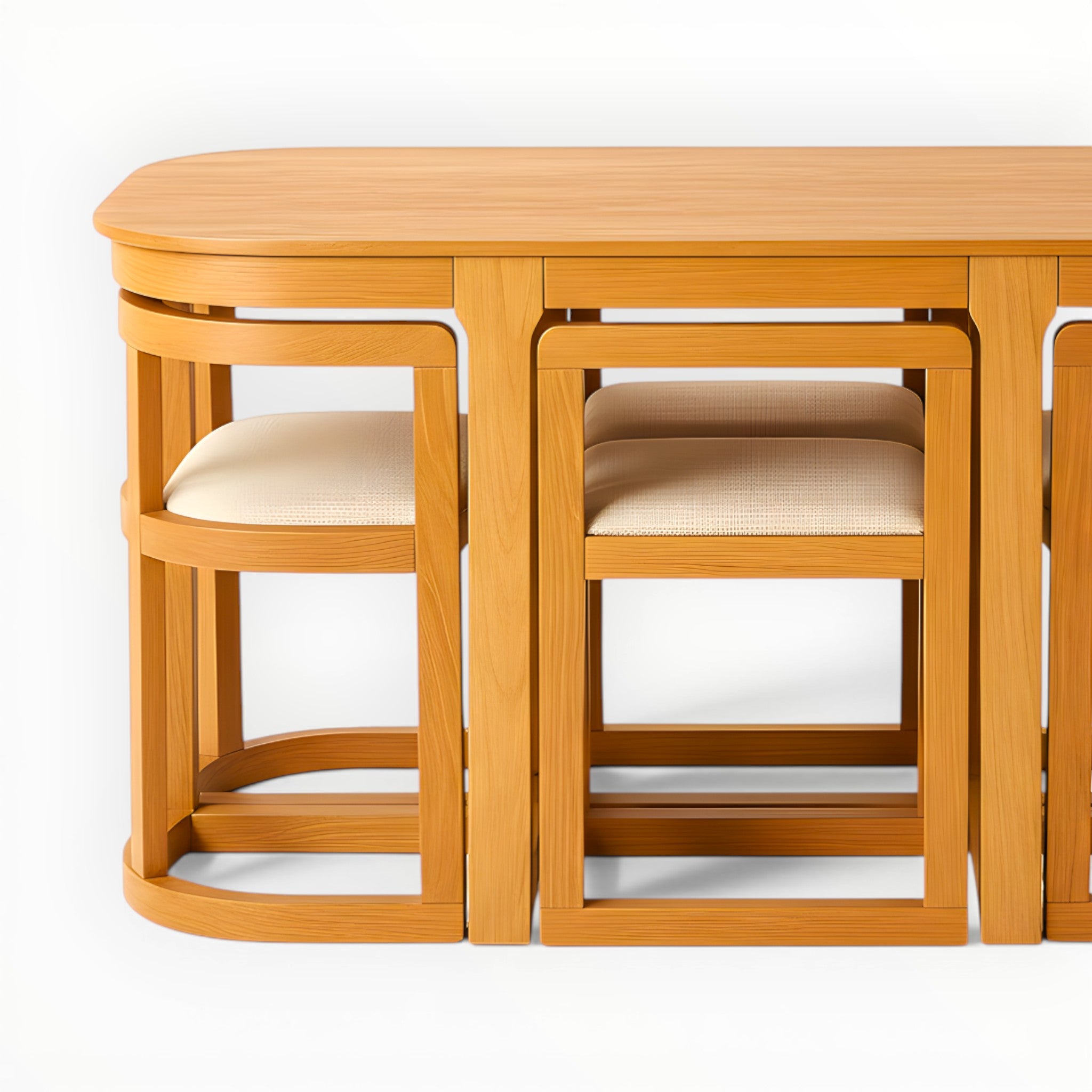 Wooden dining table with six matching chairs on a white background