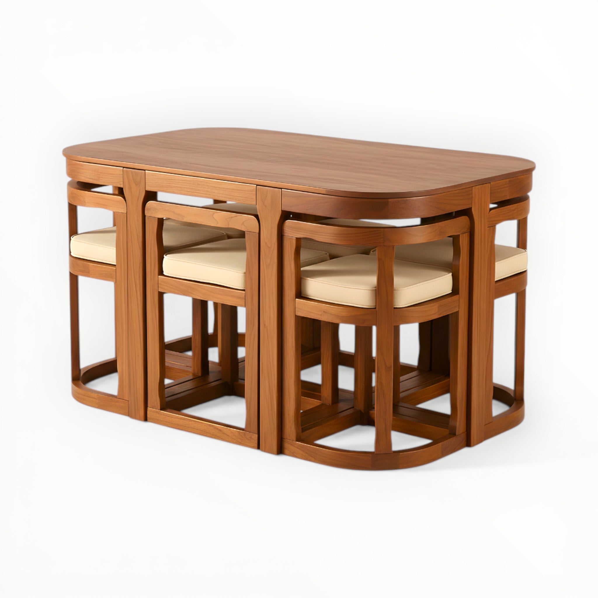 Wooden dining table with six matching chairs on a white background