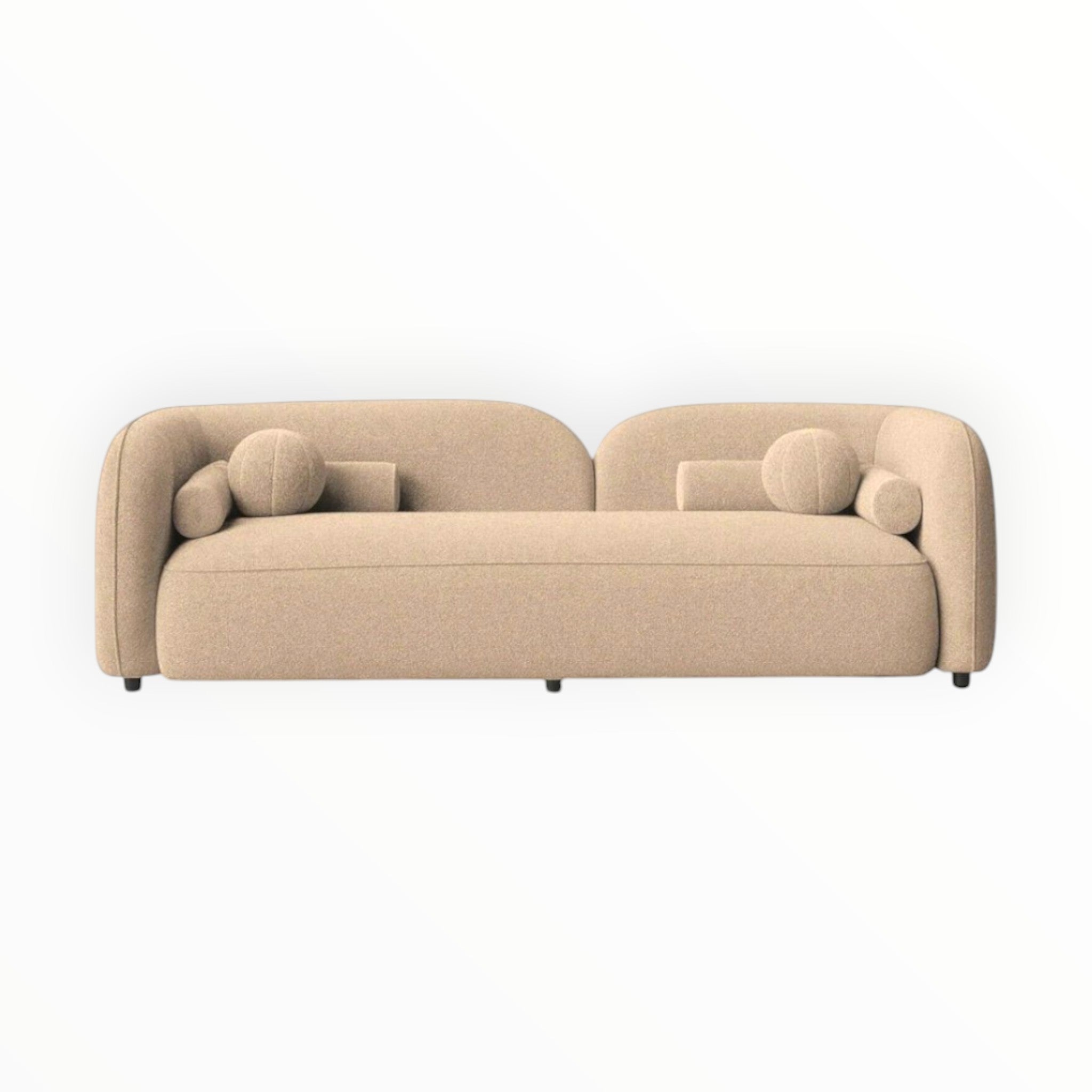Beige sofa with spherical armrests on a white background