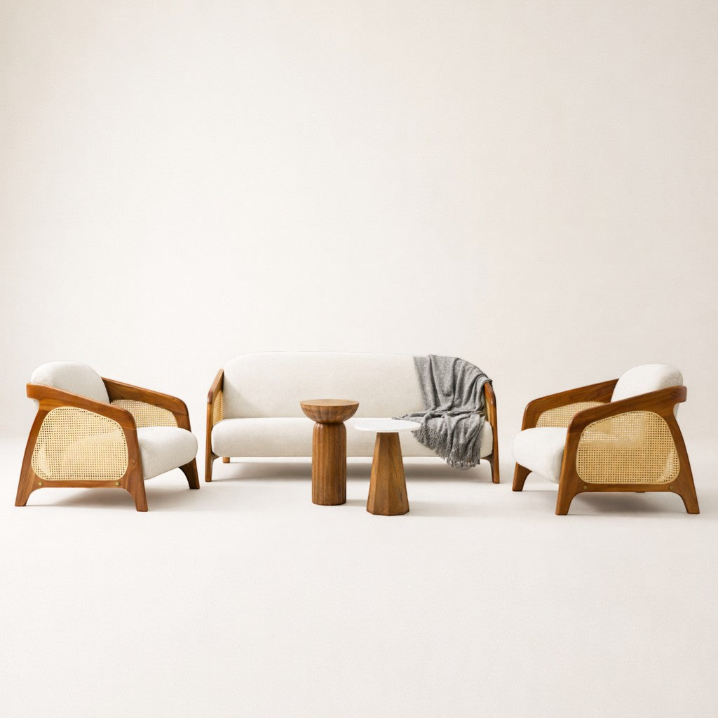 Modern furniture set with wooden chairs and sofa against a white background