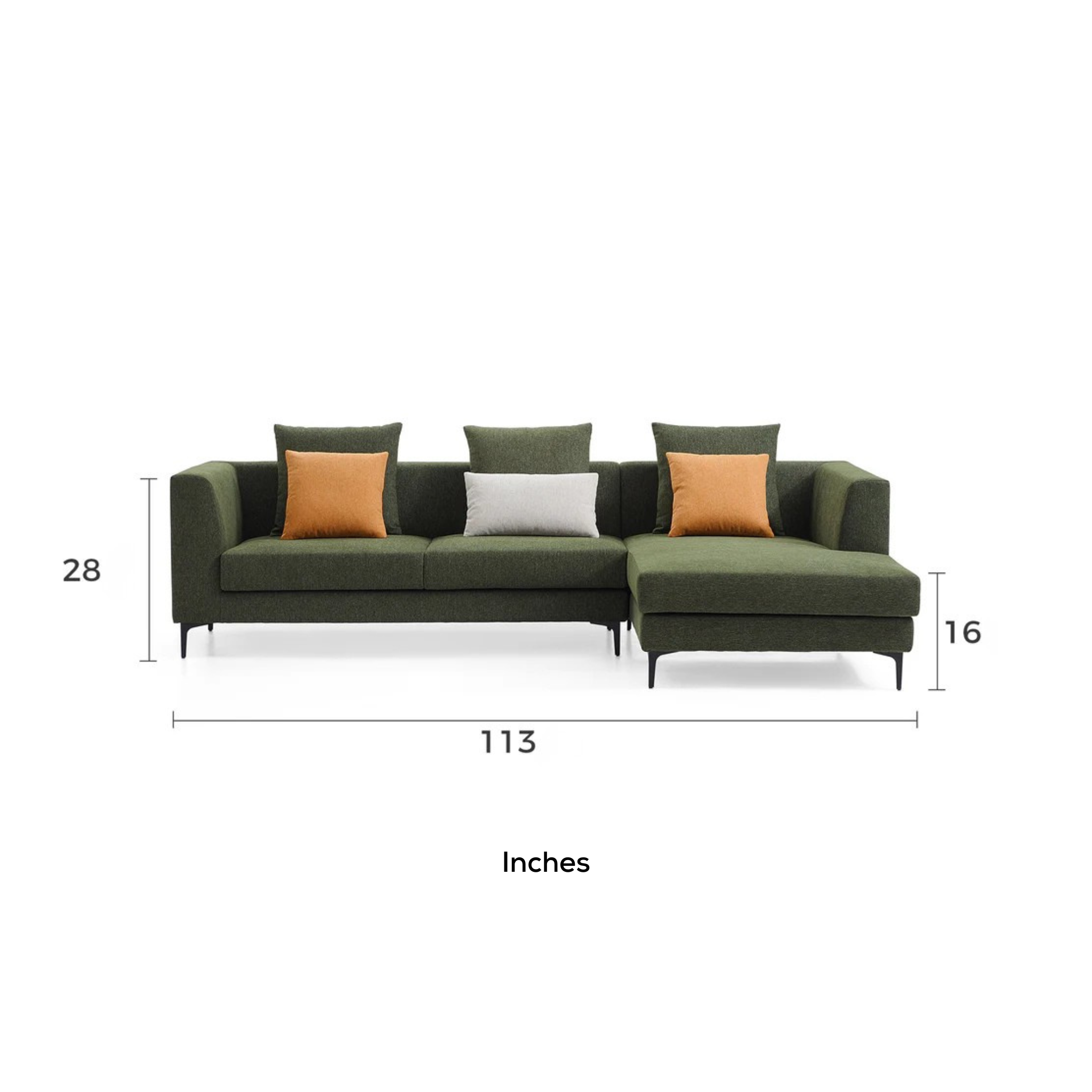 Green sectional sofa with measurements on a white background