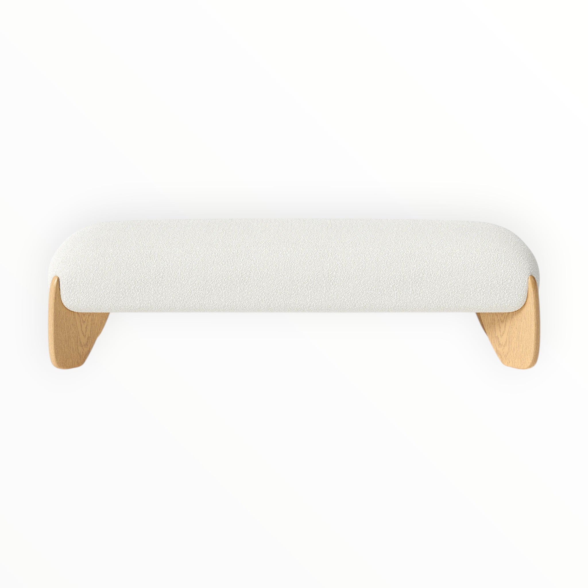 White cushioned bench with wooden legs on a white background