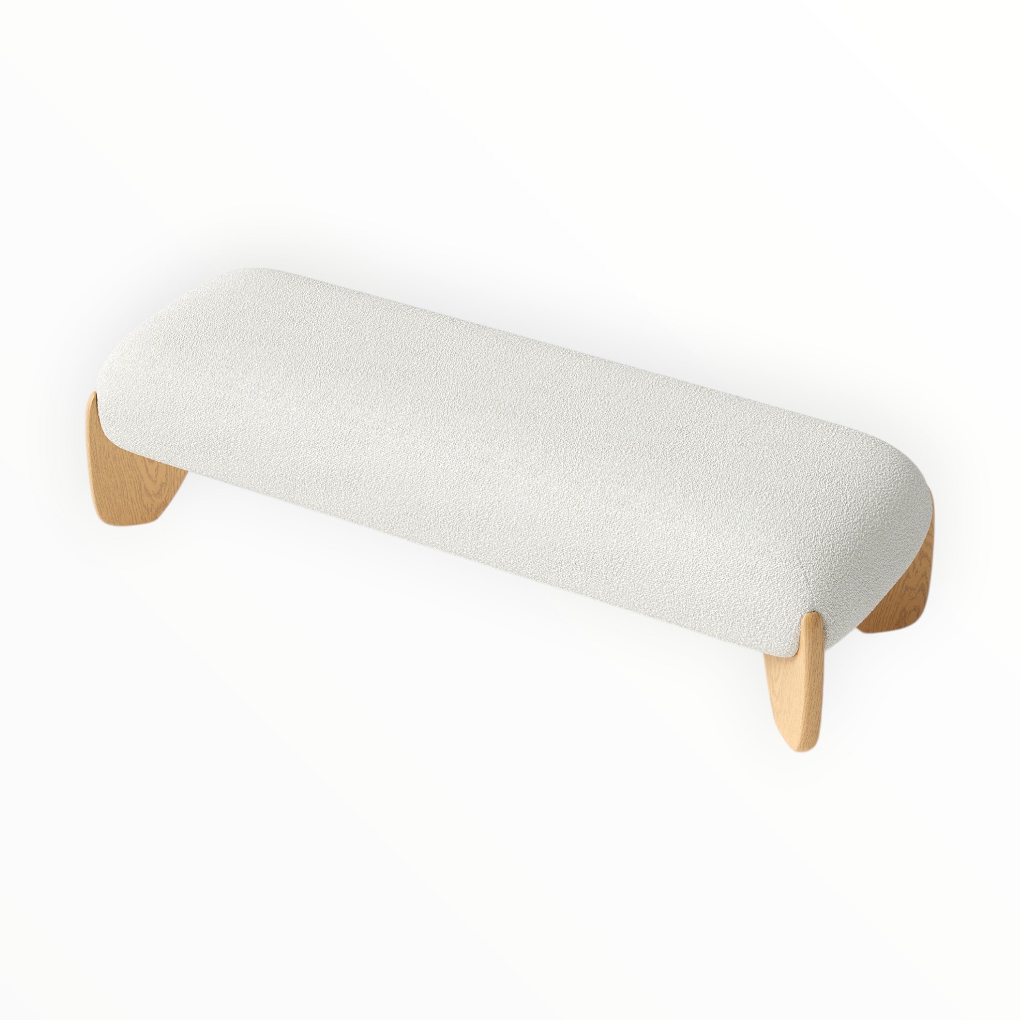 White upholstered bench with wooden legs on a white background