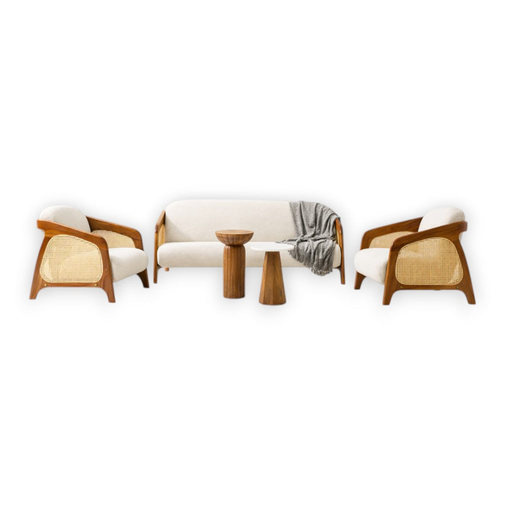 Sofa set with wooden frames and wicker backrests on a white background