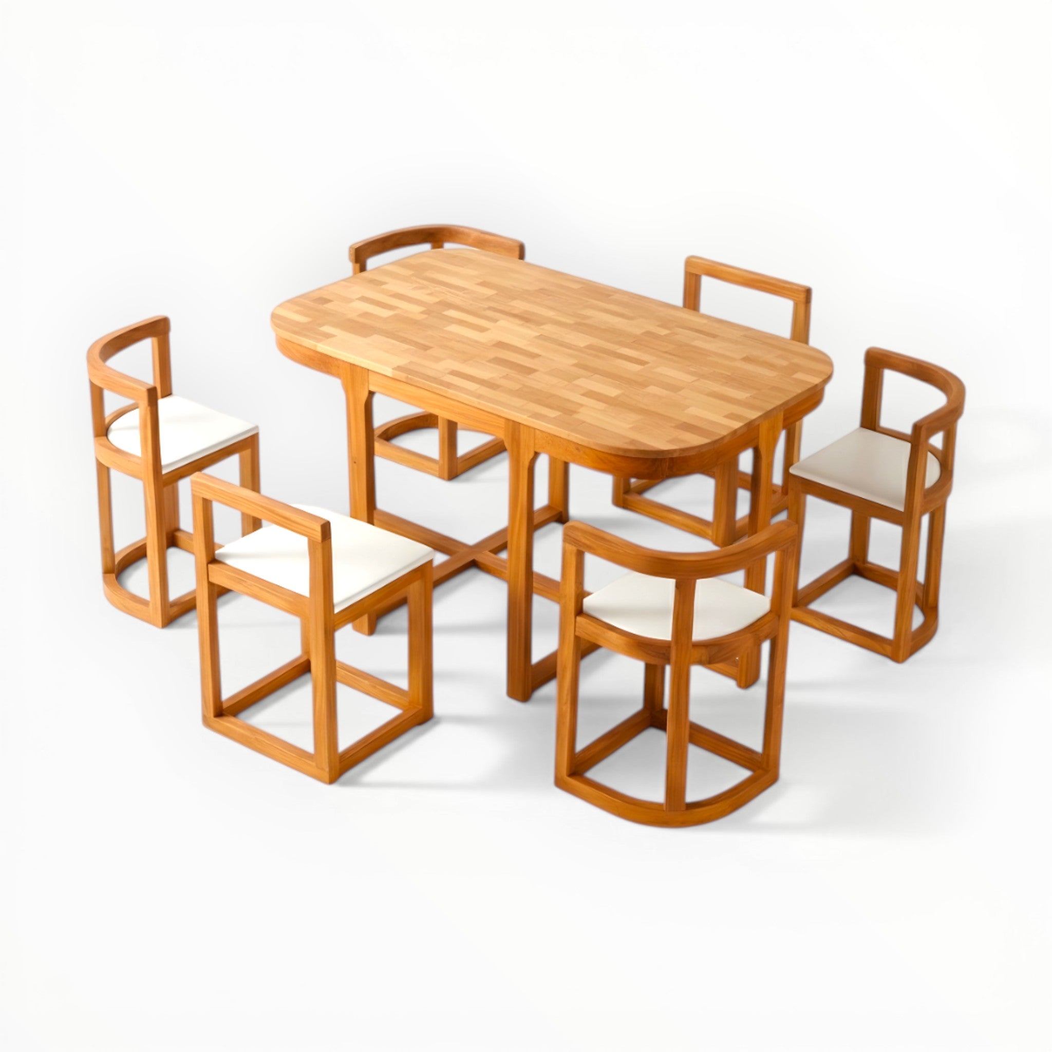 Wooden dining table with six matching chairs on a white background