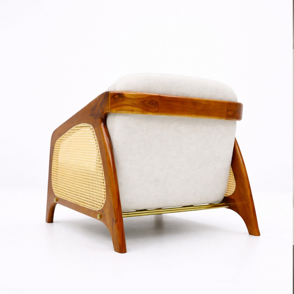 Modern chair with wooden frame and white cushion on a white background