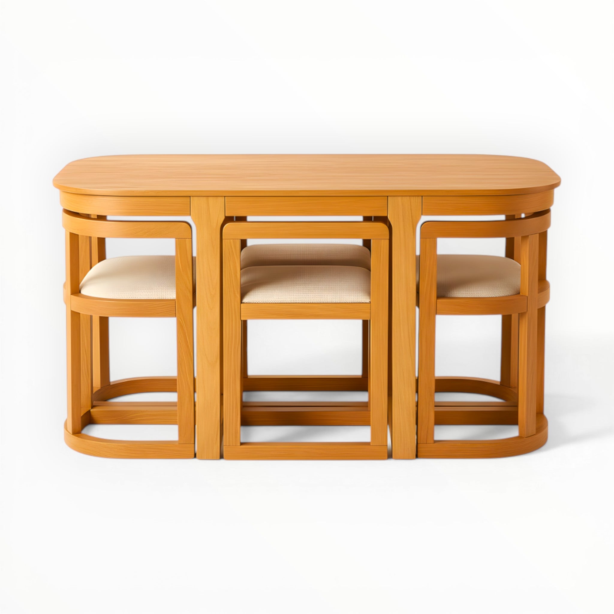 Wooden dining table with six matching chairs on a white background