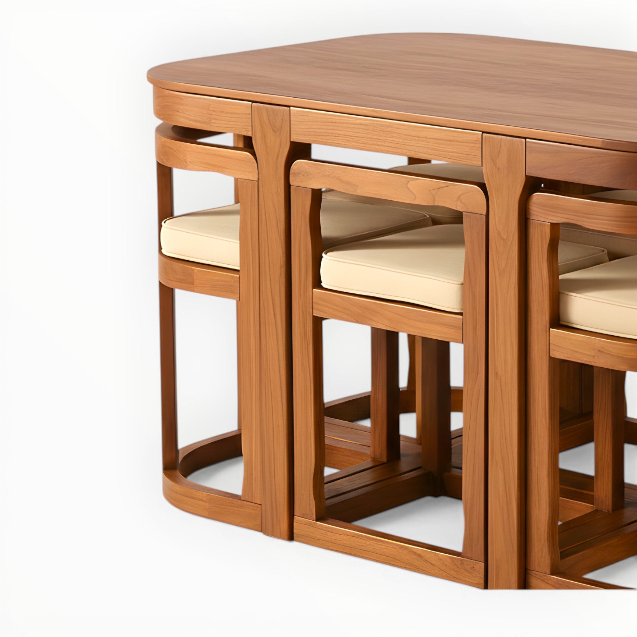 Wooden dining table with six matching chairs on a white background