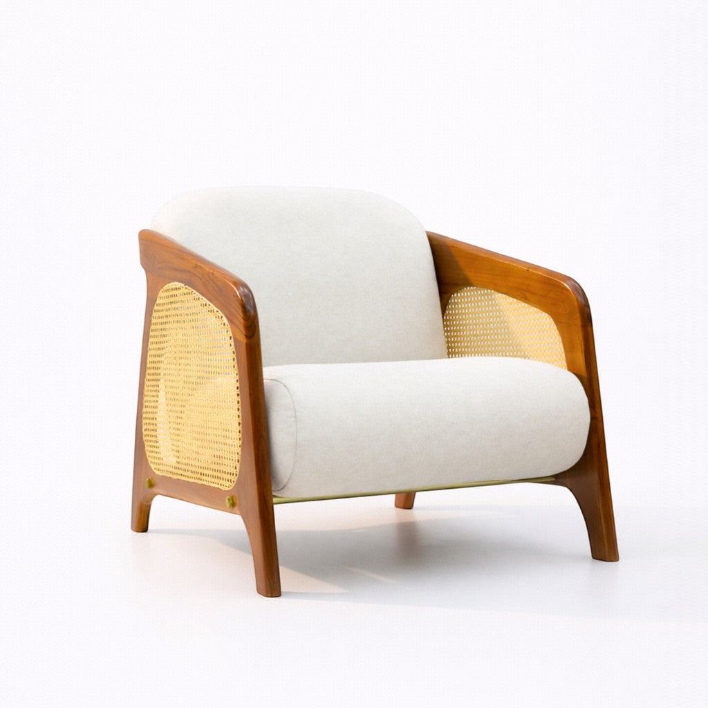 Chair with wooden frame and white cushion on a white background