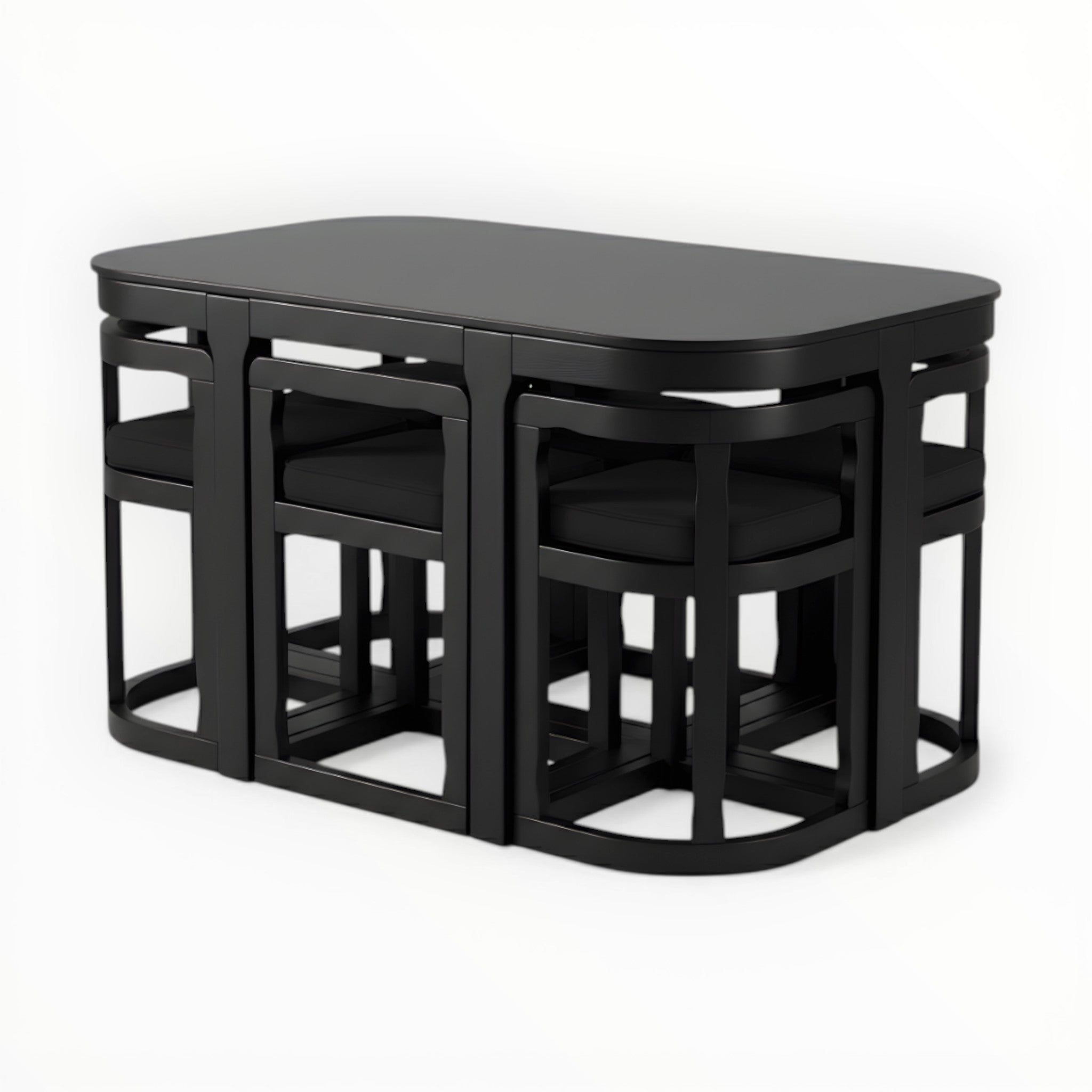 Black dining table with six matching stools on a white background