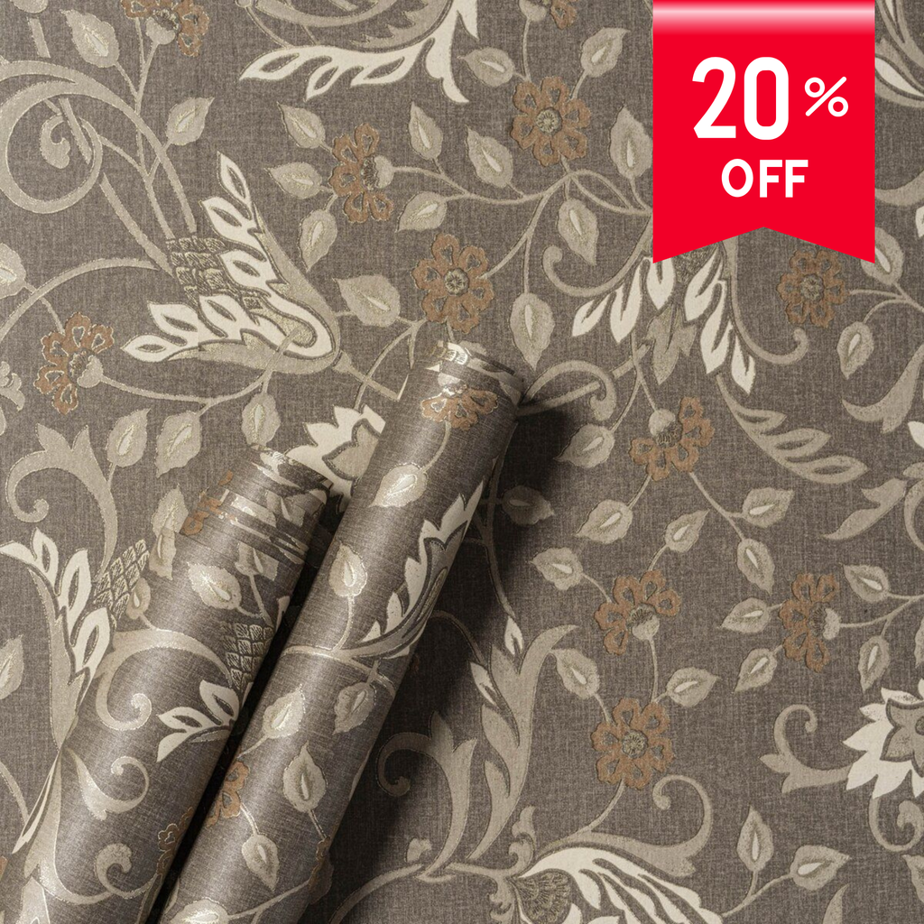 Decorative fabric with floral and leaf patterns on a brown background, featuring a 20% off label.