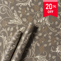 Decorative fabric with floral and leaf patterns on a brown background, featuring a 20% off label.