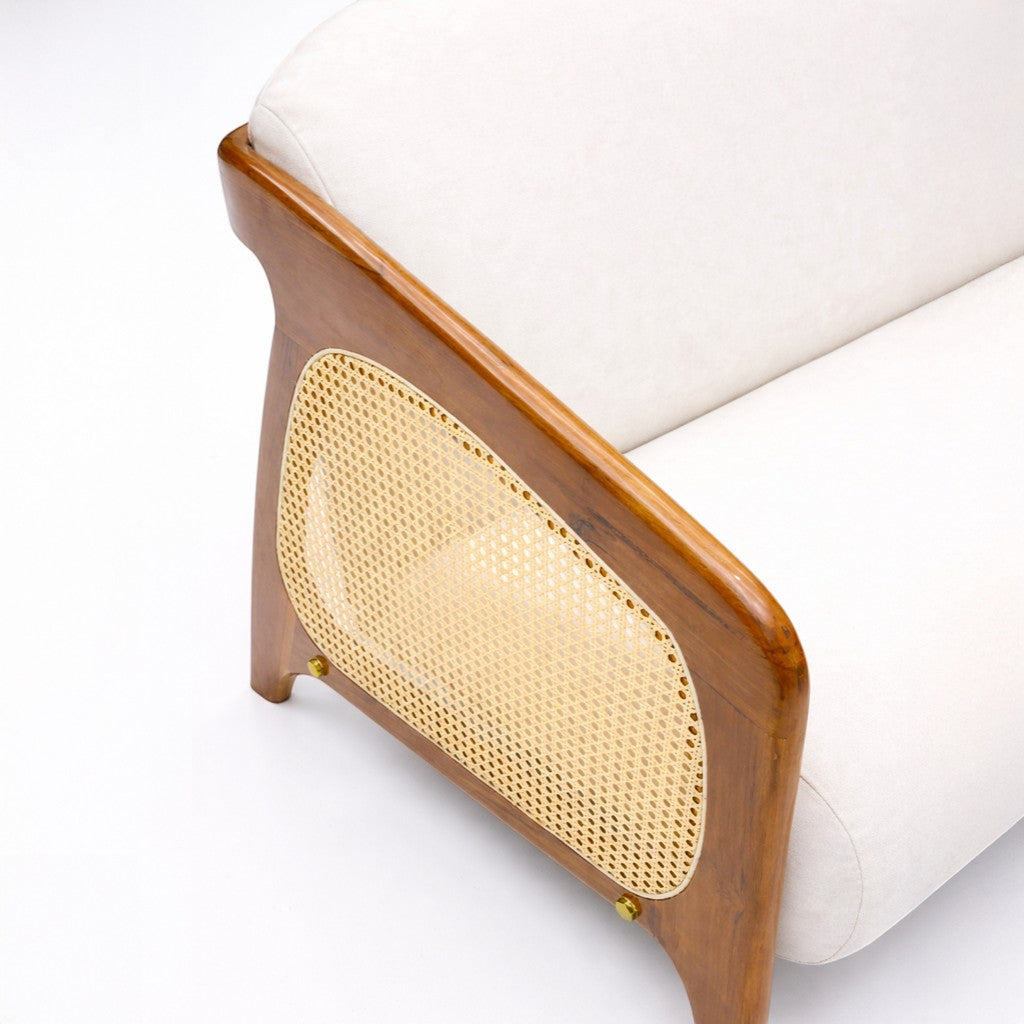 Chair with wooden frame and white cushion on a white background