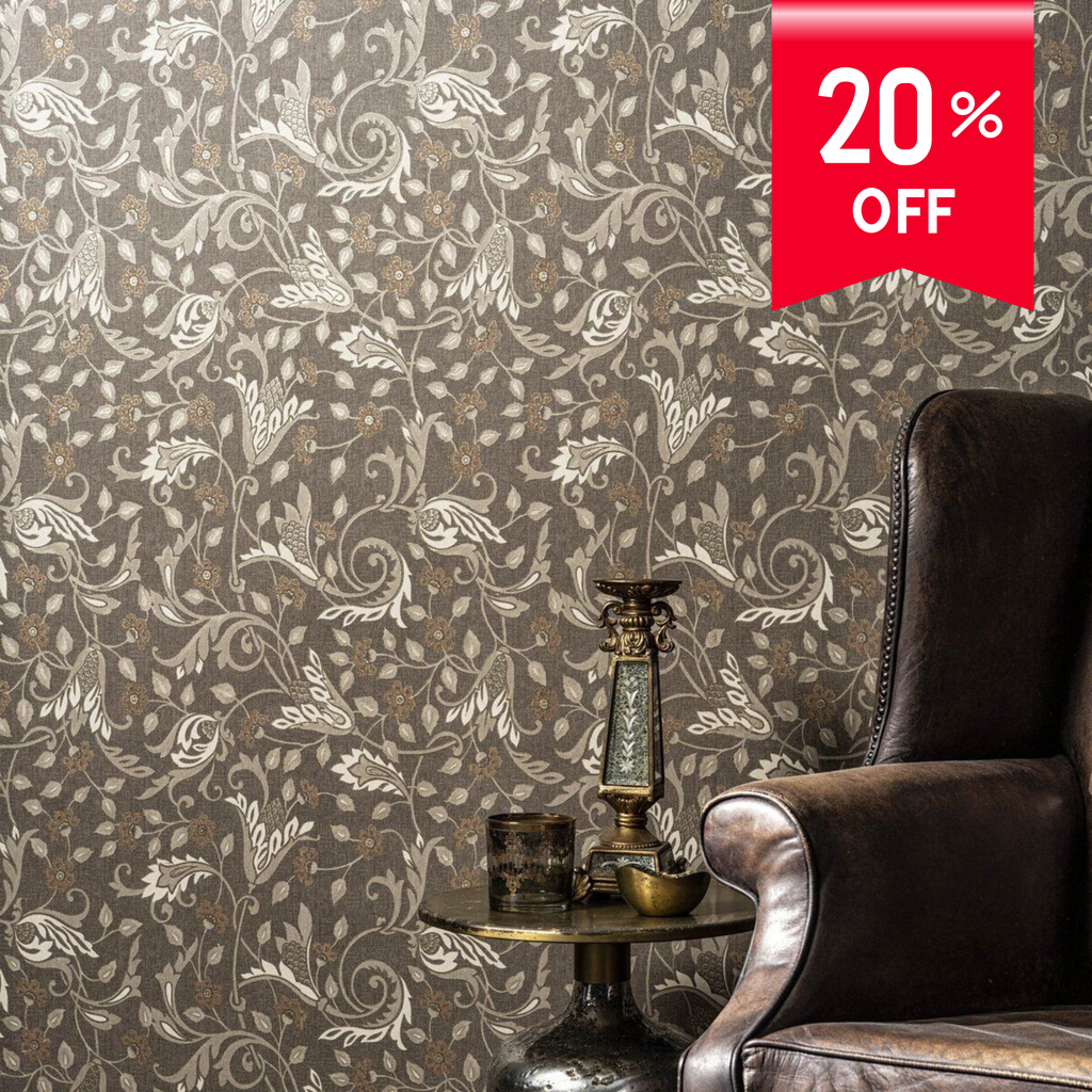 Decorative wallpaper with intricate patterns and a brown armchair, featuring a 20% off label.