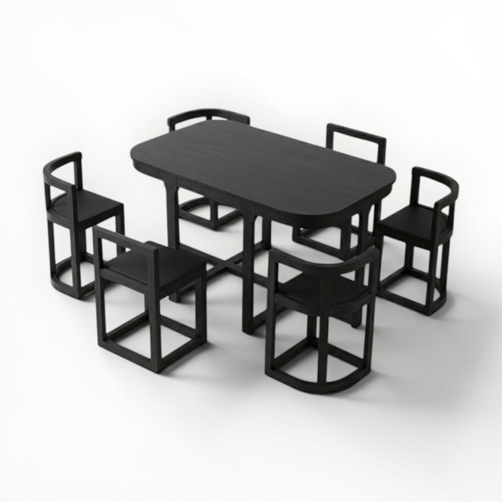 Black dining table with six chairs on a white background