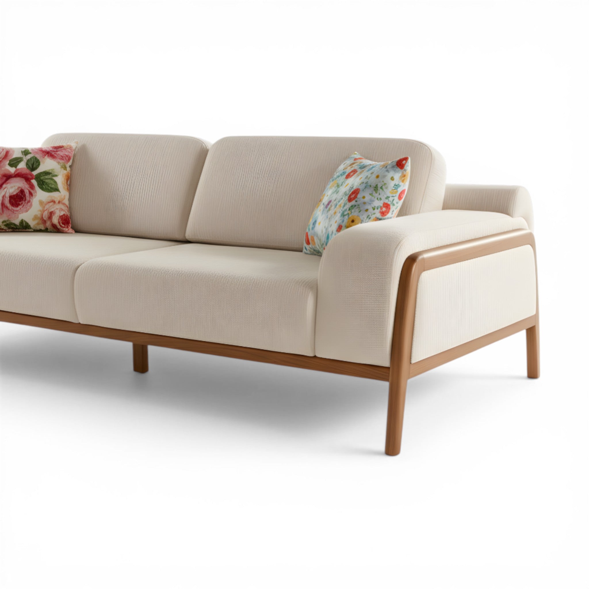 Beige sofa with wooden frame and floral cushions on a white background