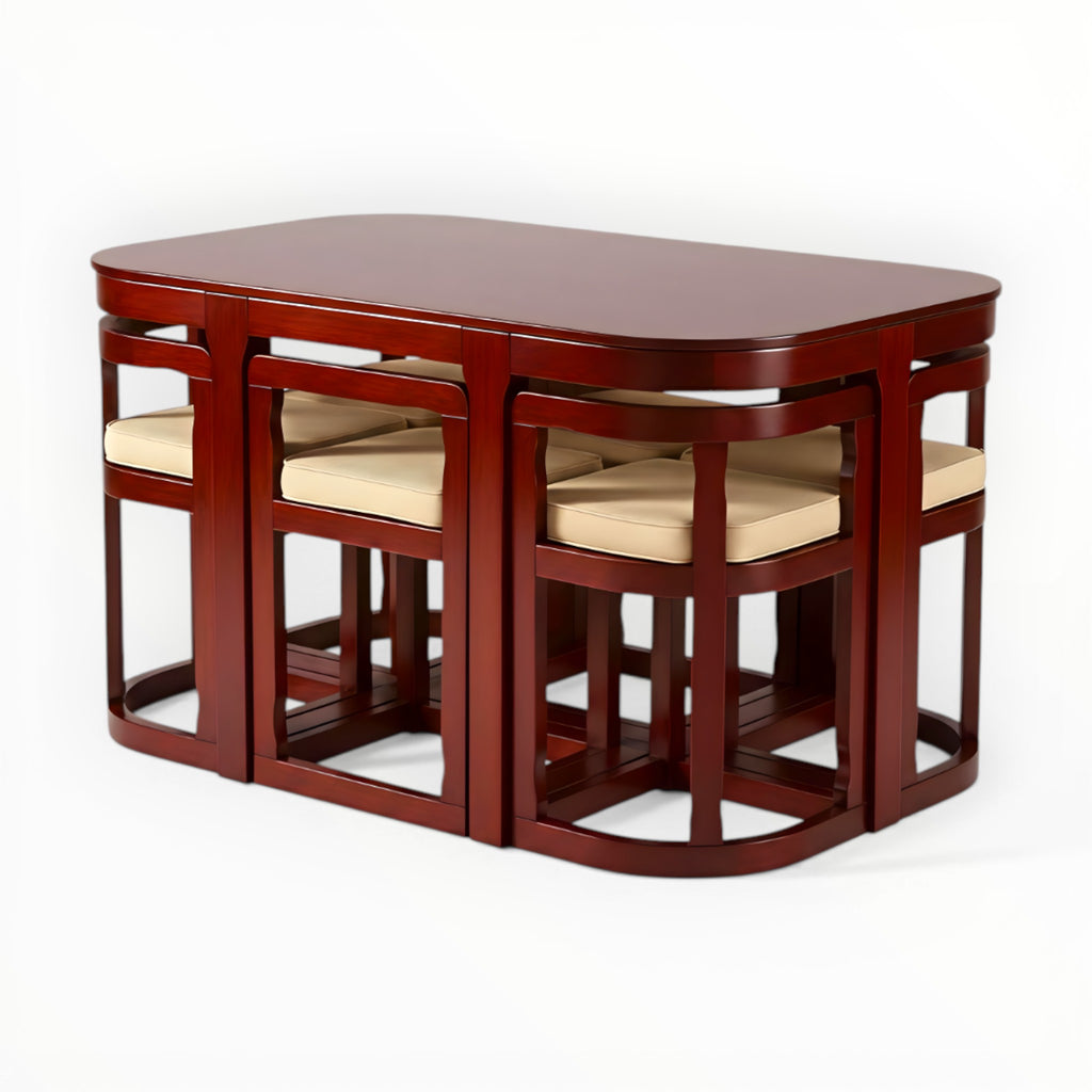 Wooden dining table with six matching chairs on a white background