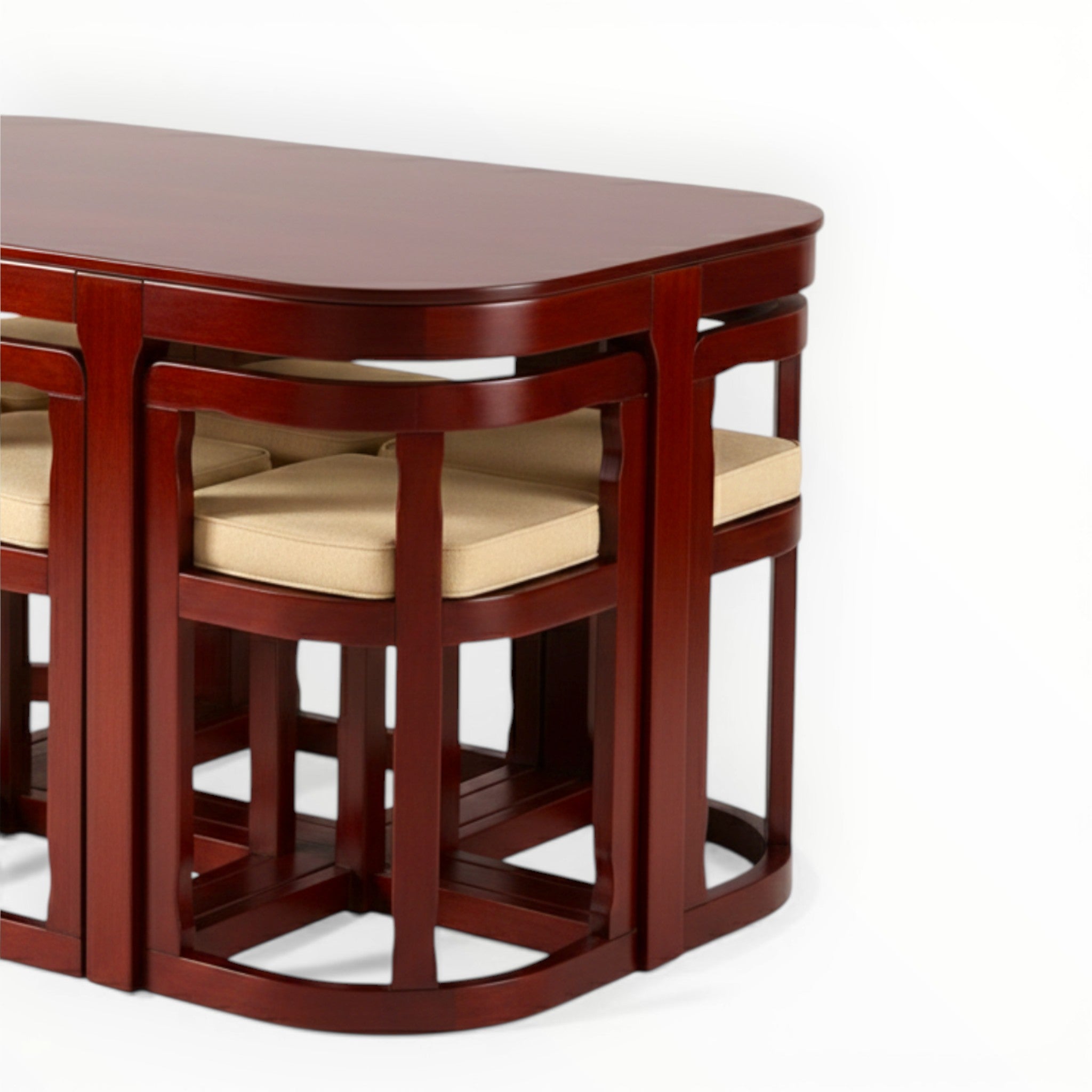 Wooden dining table with six matching chairs on a white background