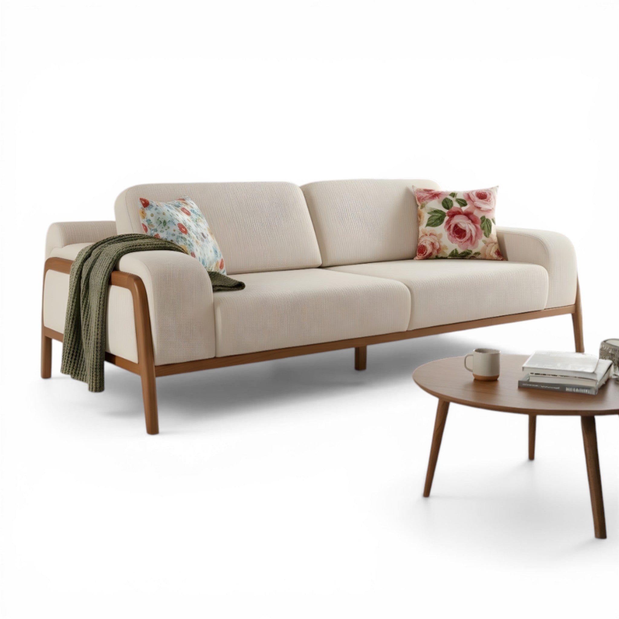 Beige sofa with wooden frame and floral cushions on a white background