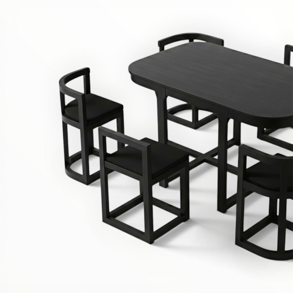 Black dining table with six chairs on a white background