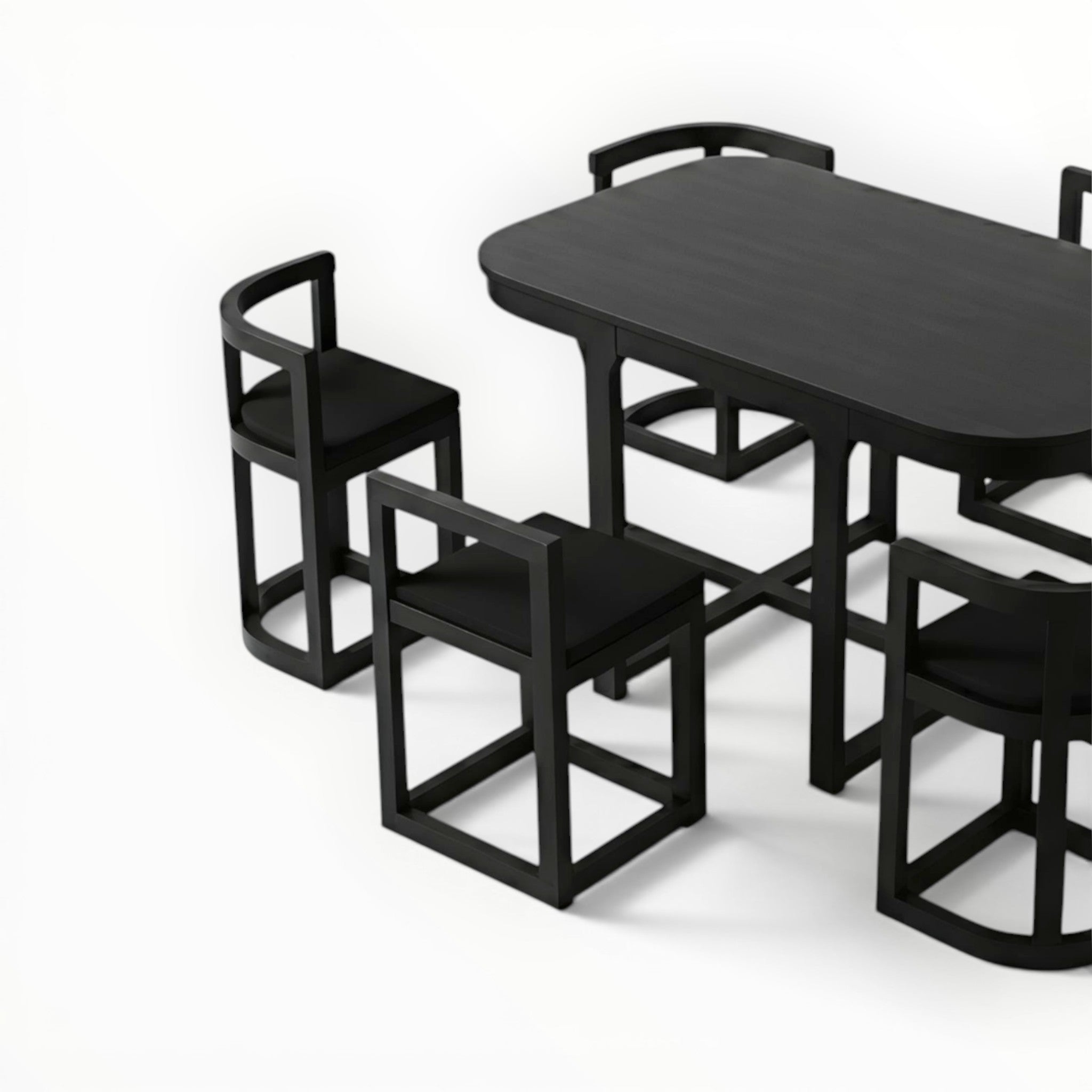 Black dining table with six chairs on a white background