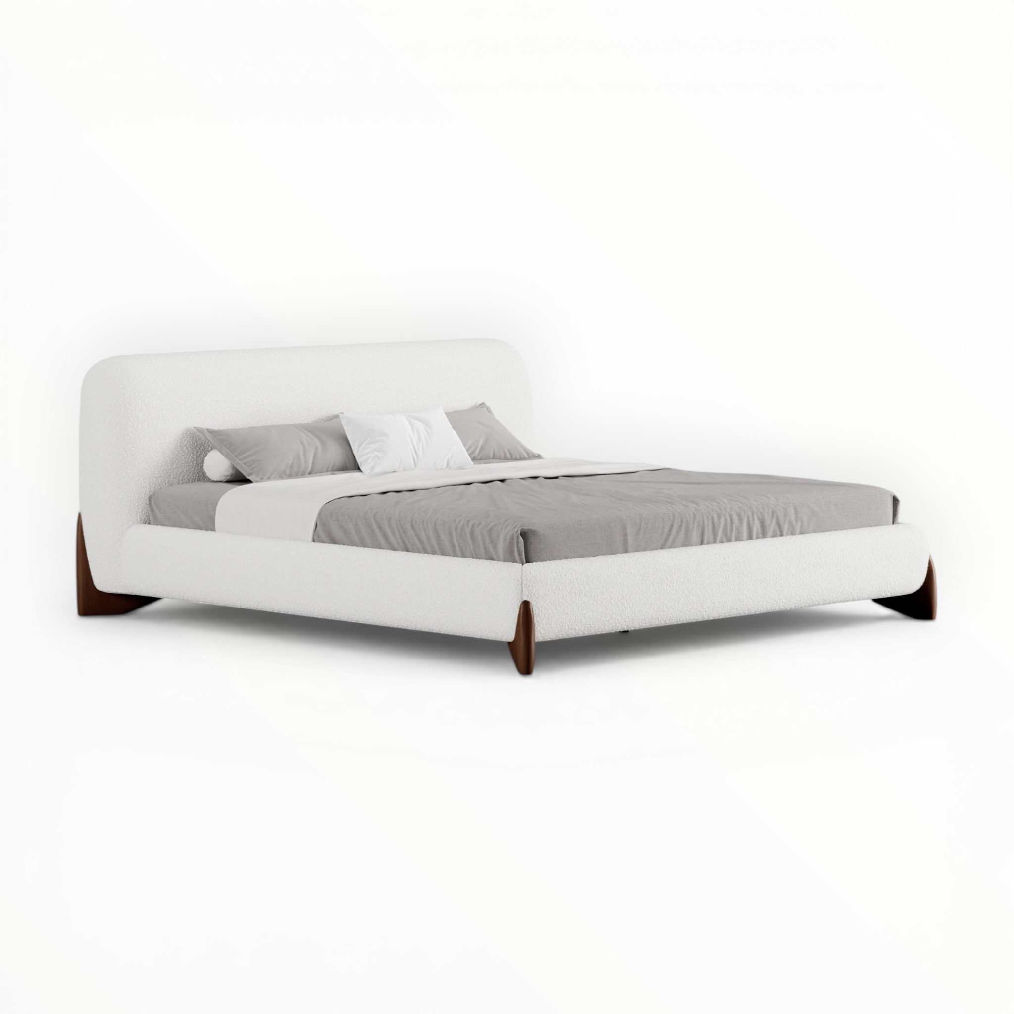 White bed with gray bedding on a white background