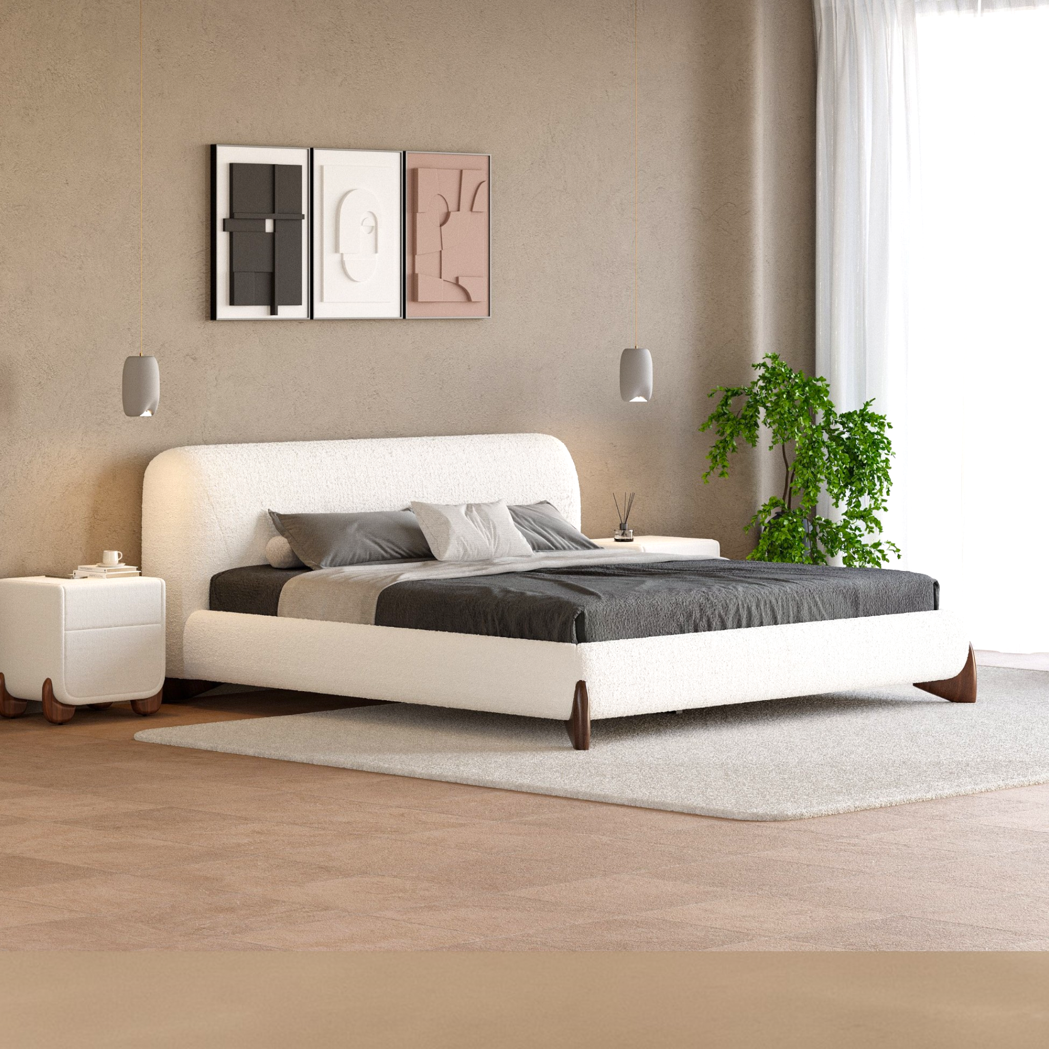 Modern bedroom with a white bed, nightstands, and wall art.