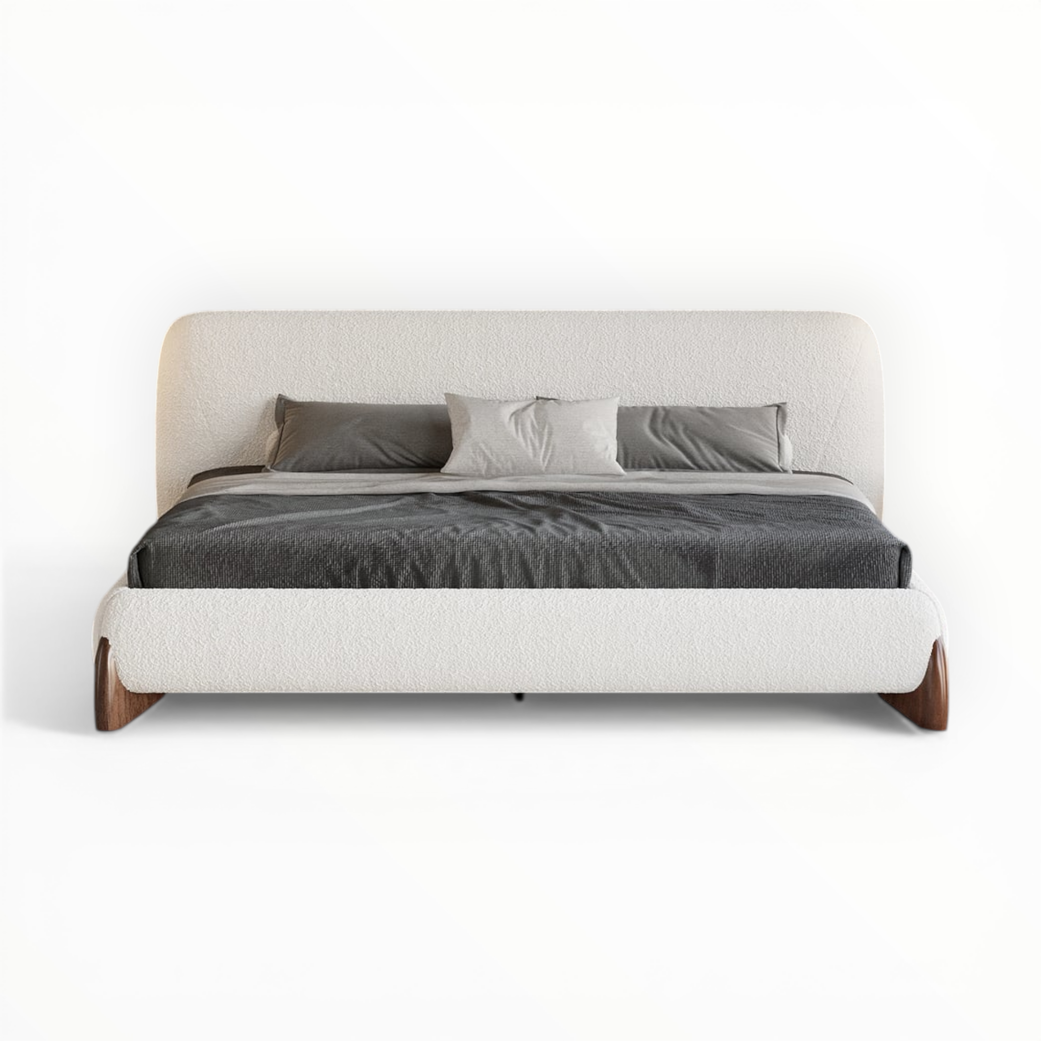 Modern bed with gray bedding and pillows on a white background