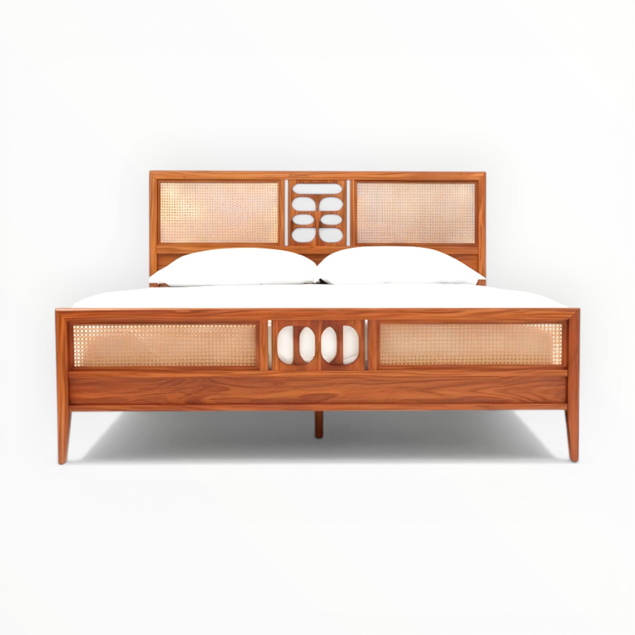 Wooden bed with wicker accents on a white background