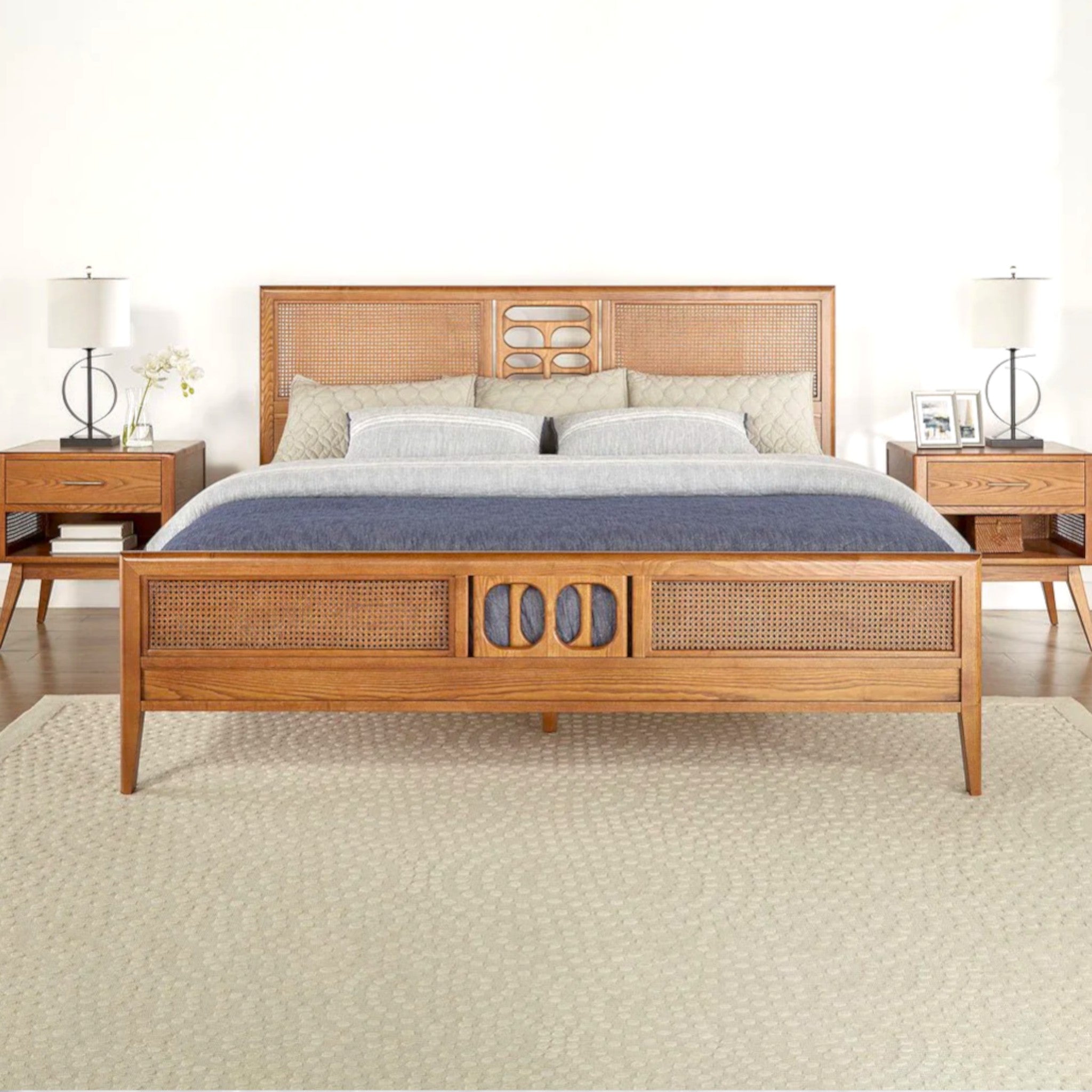 Wooden bed with wicker accents in a bedroom setting