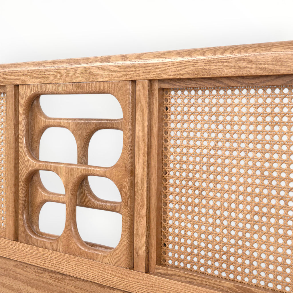 Wooden furniture with woven pattern on a white background