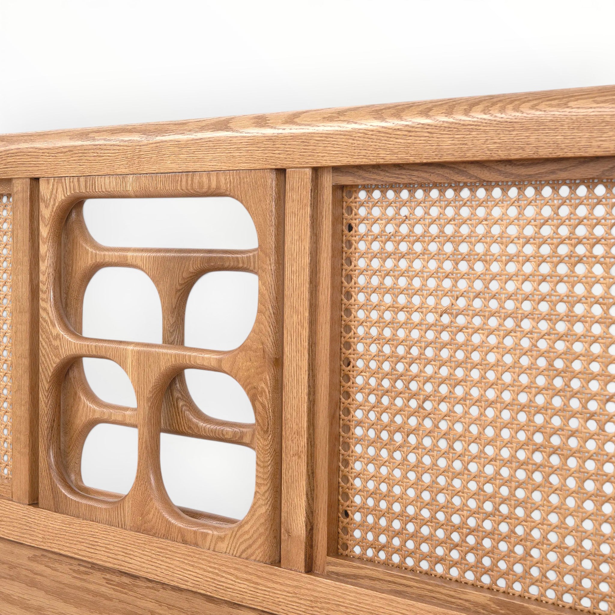 Wooden furniture with woven pattern on a white background