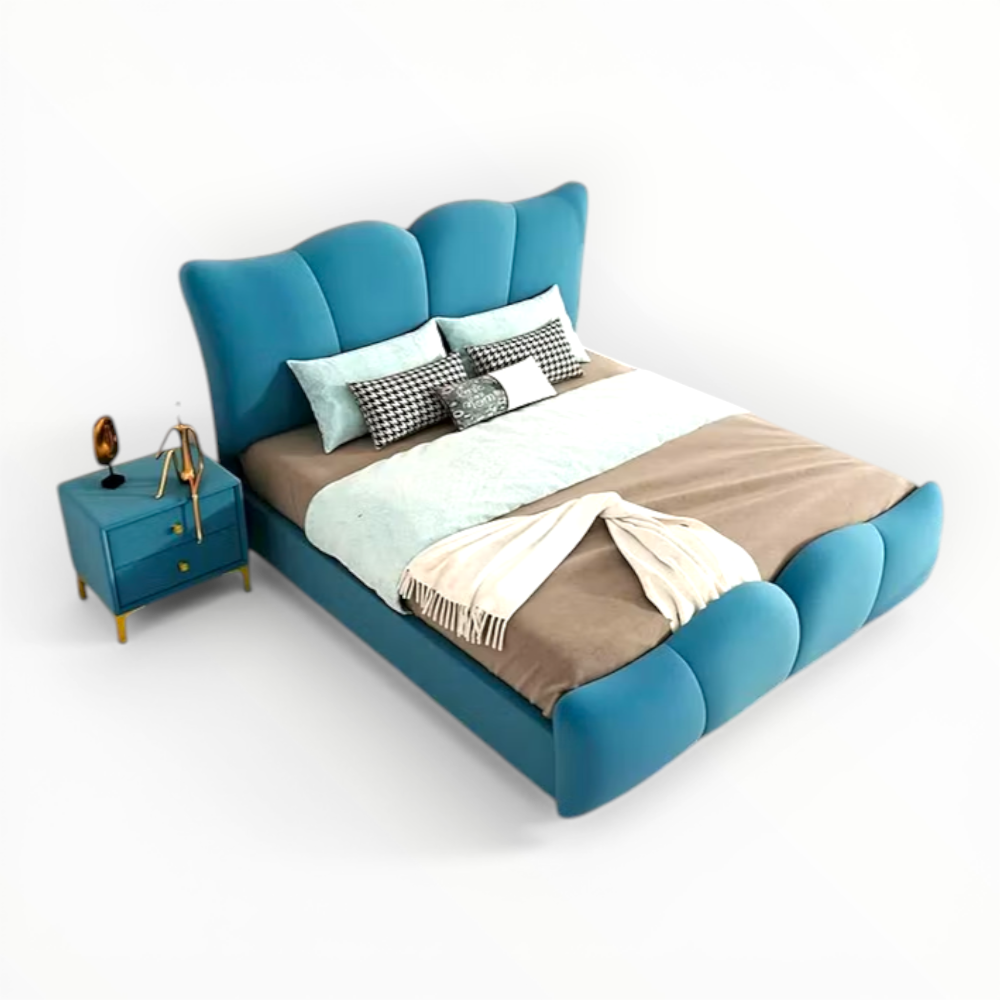 Blue upholstered bed with bedding and a nightstand on a white background