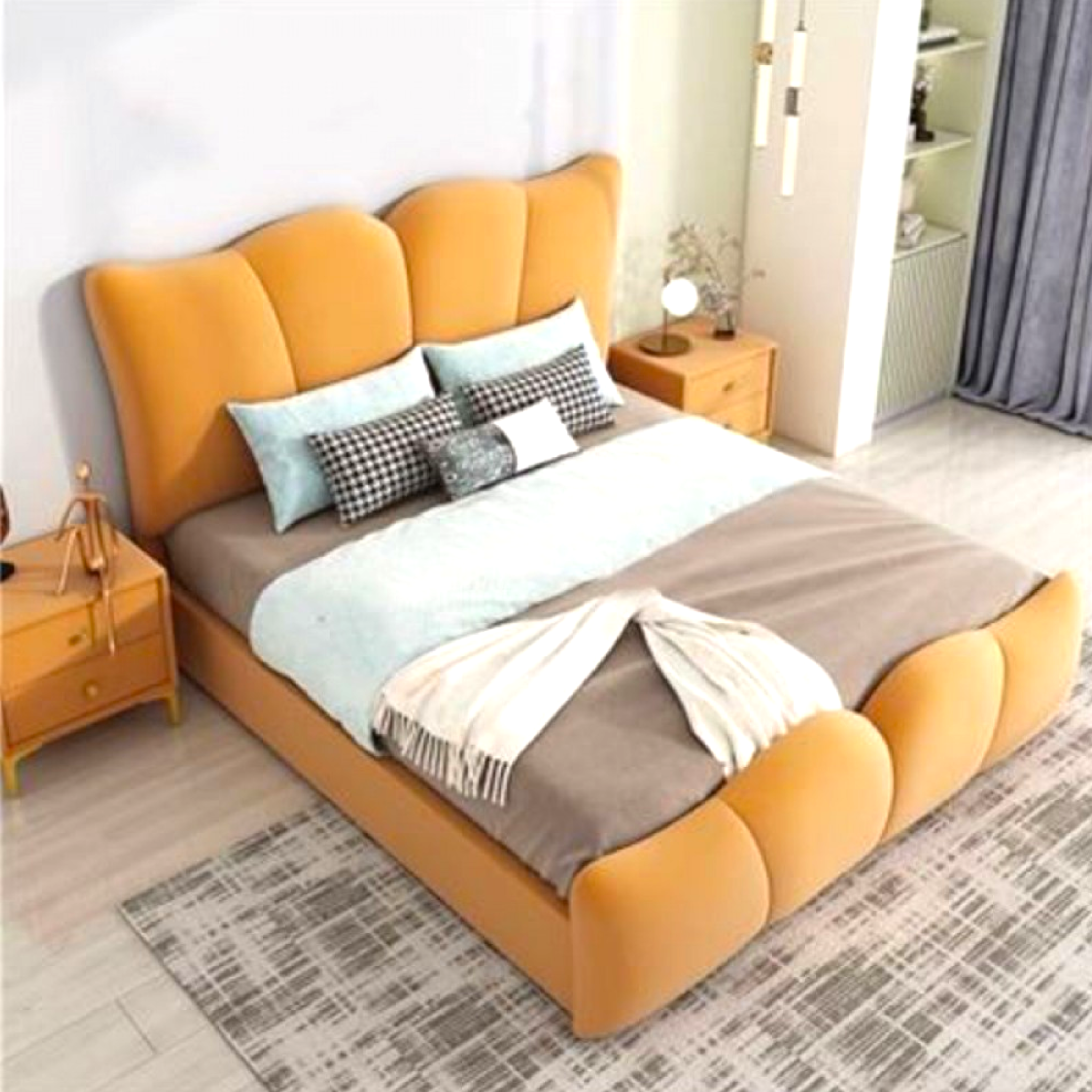 Orange bed with gray bedding in a bedroom setting