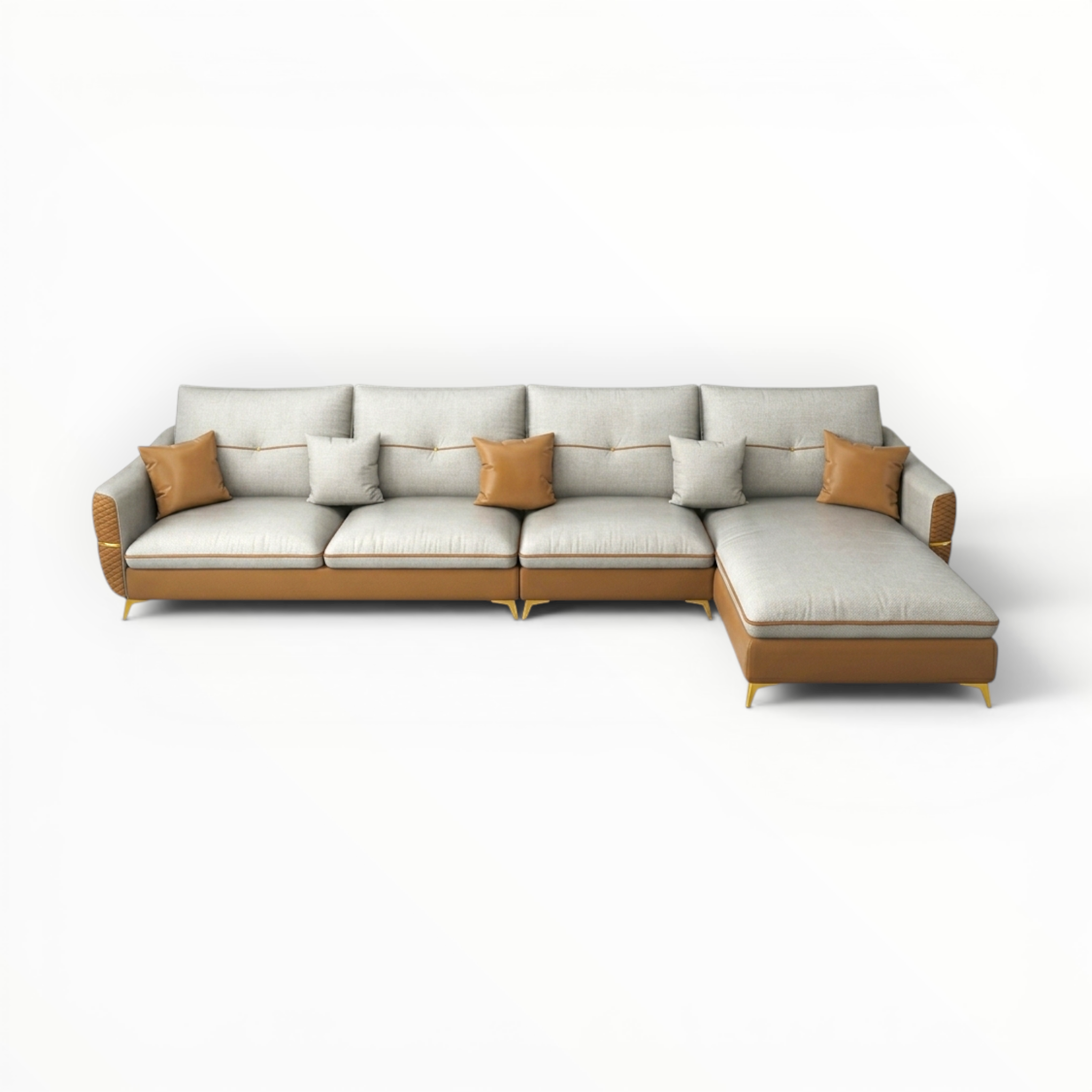 Modern sectional sofa with beige cushions and brown armrests on a white background