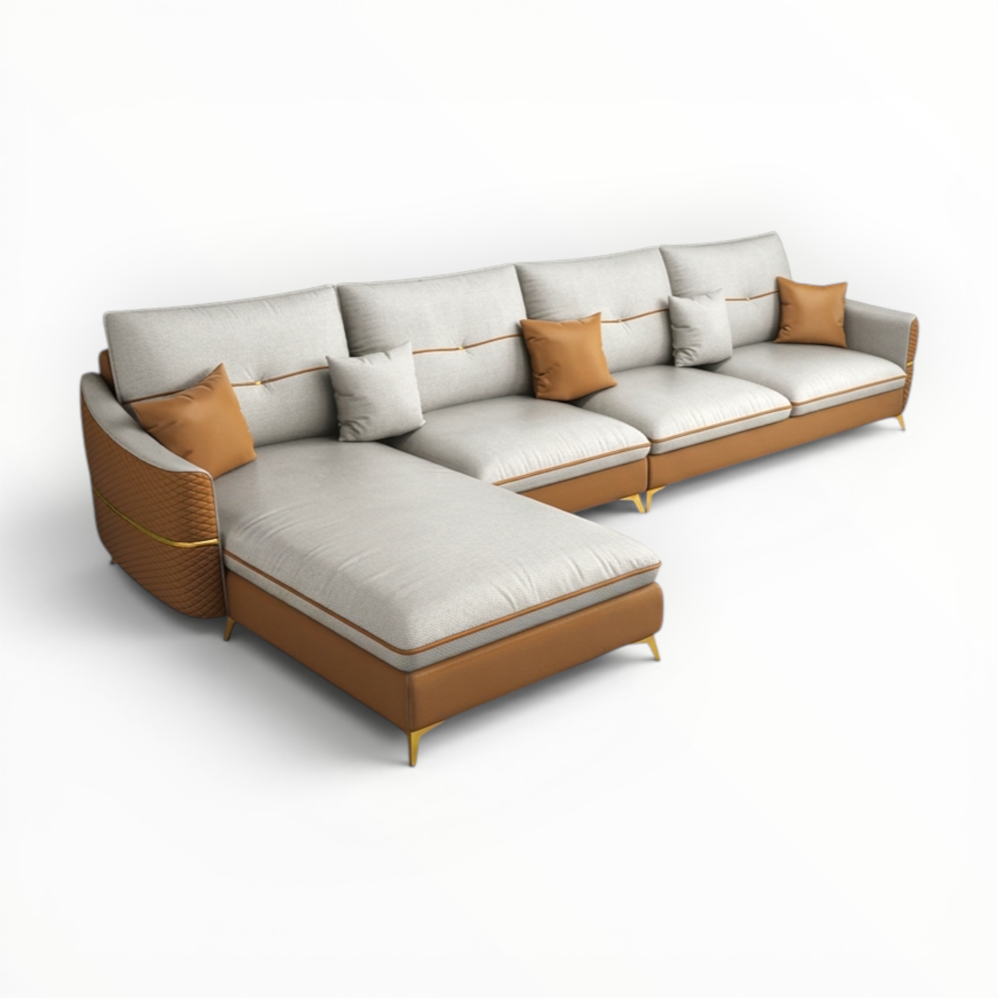 Modern sectional sofa with beige and white cushions on a white background