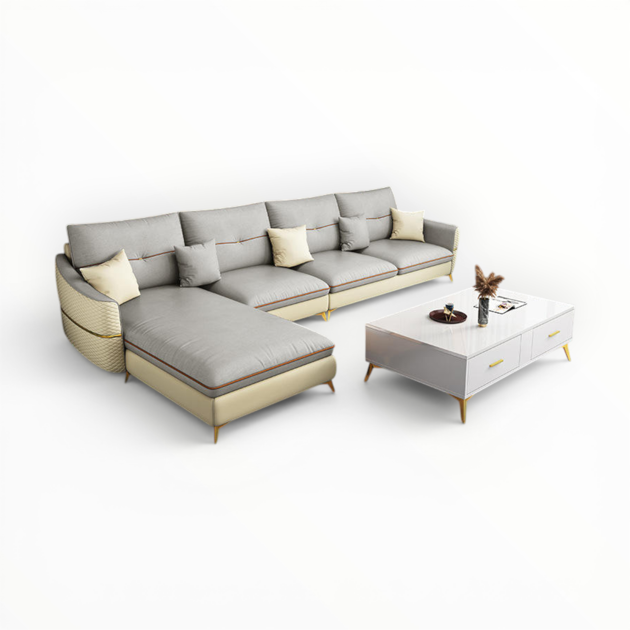 Modern gray sectional sofa with beige accents and a matching coffee table on a white background