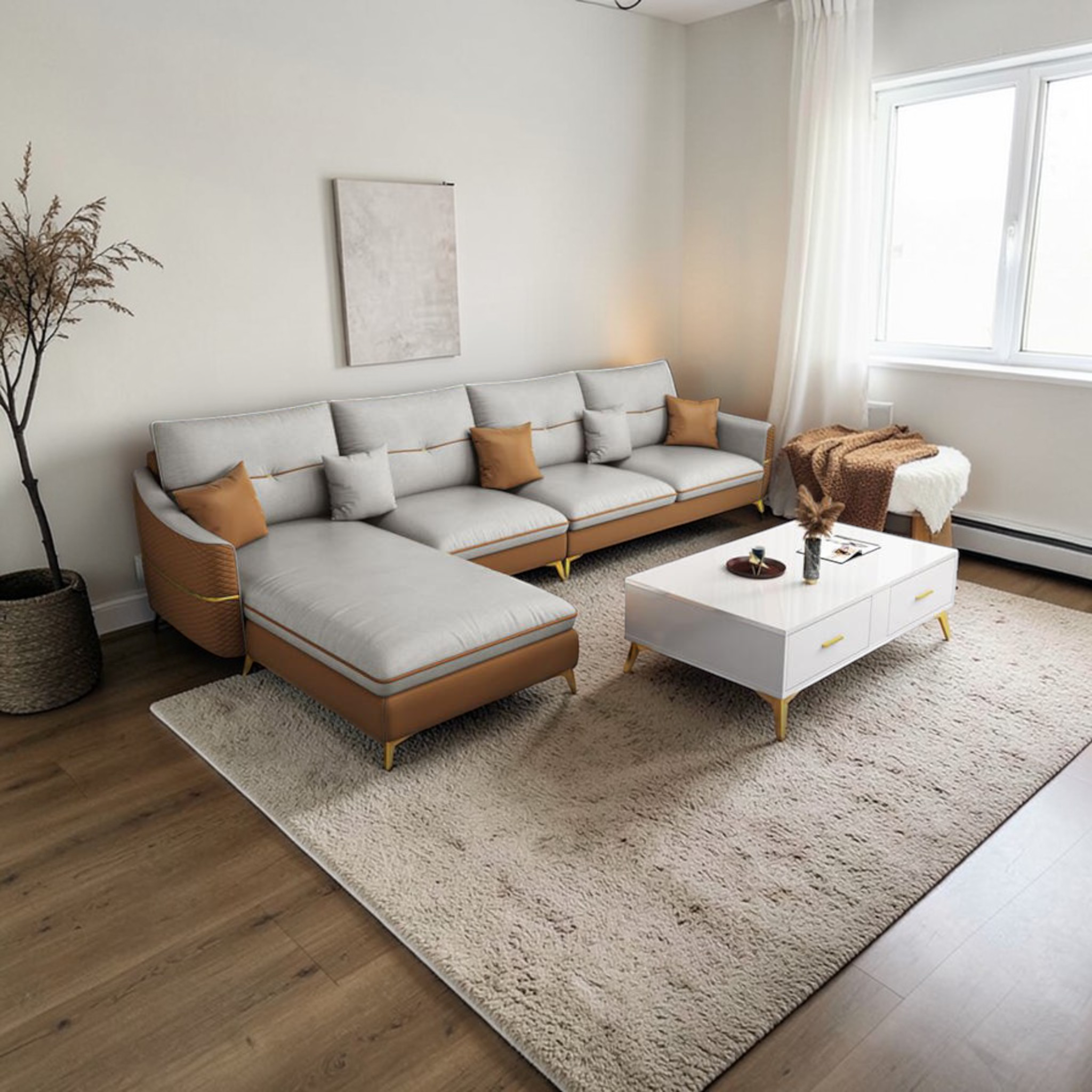 Modern living room with a sectional sofa, coffee table, and decorative elements.