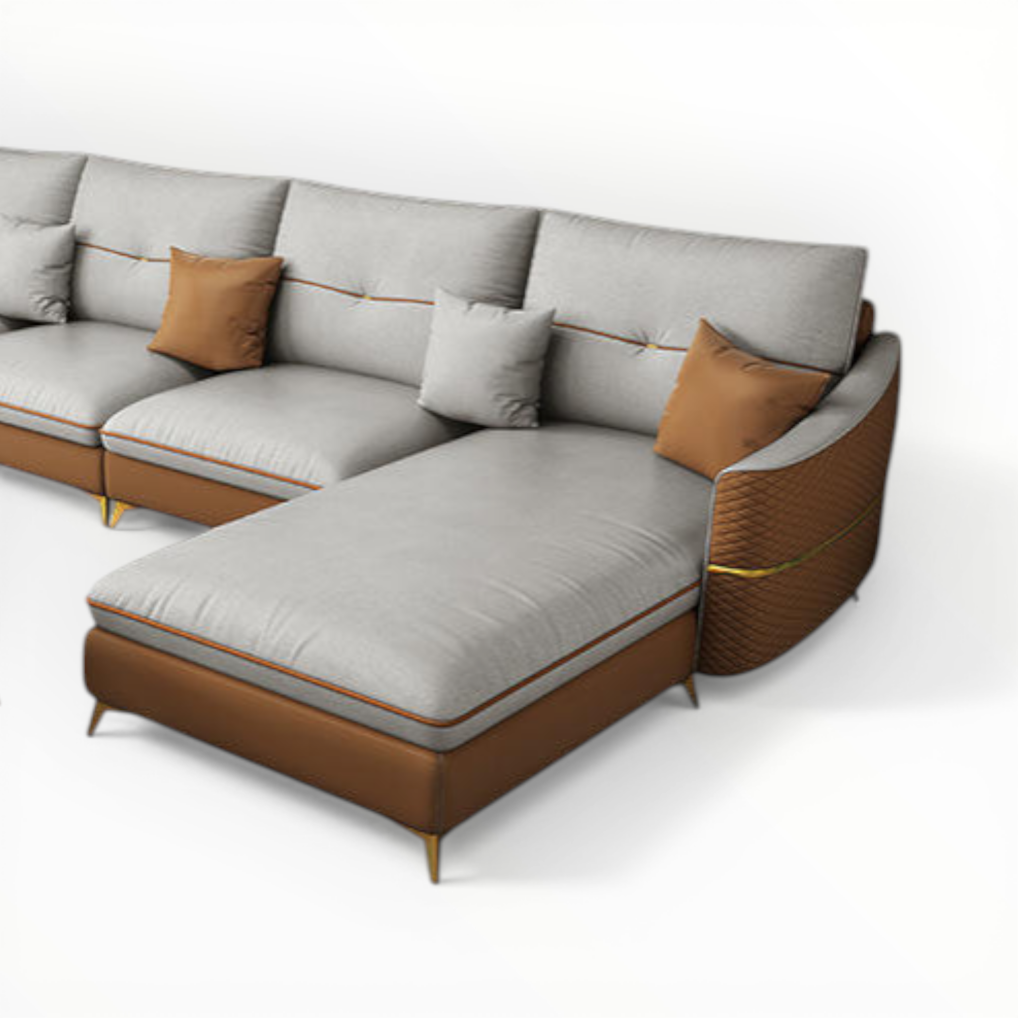 Gray and brown sectional sofa on a white background