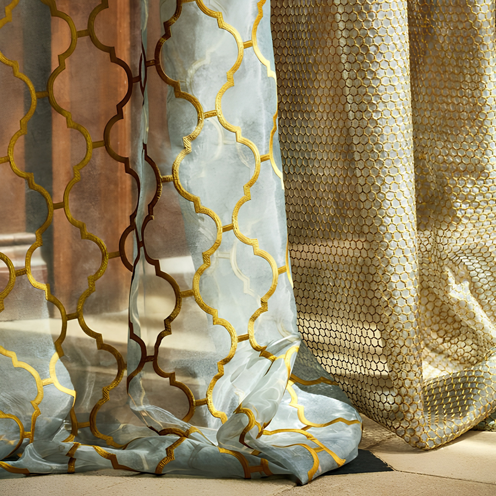 Pale blue sheer curtain with gold embroidered lattice pattern next to a gold honeycomb-patterned curtain