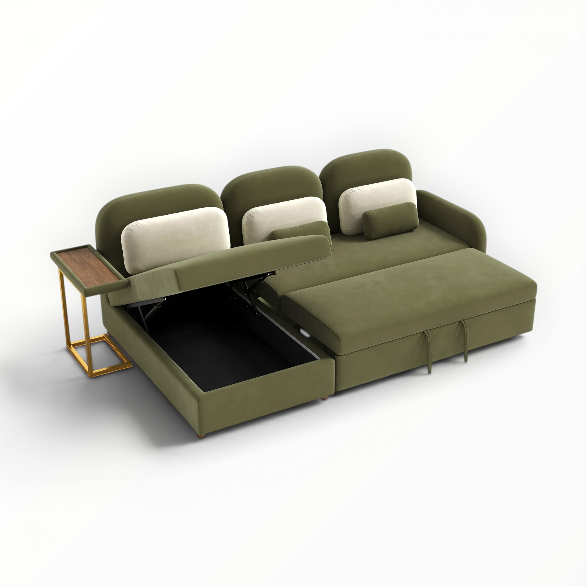 Green sectional sofa with storage compartment and side table on a white background